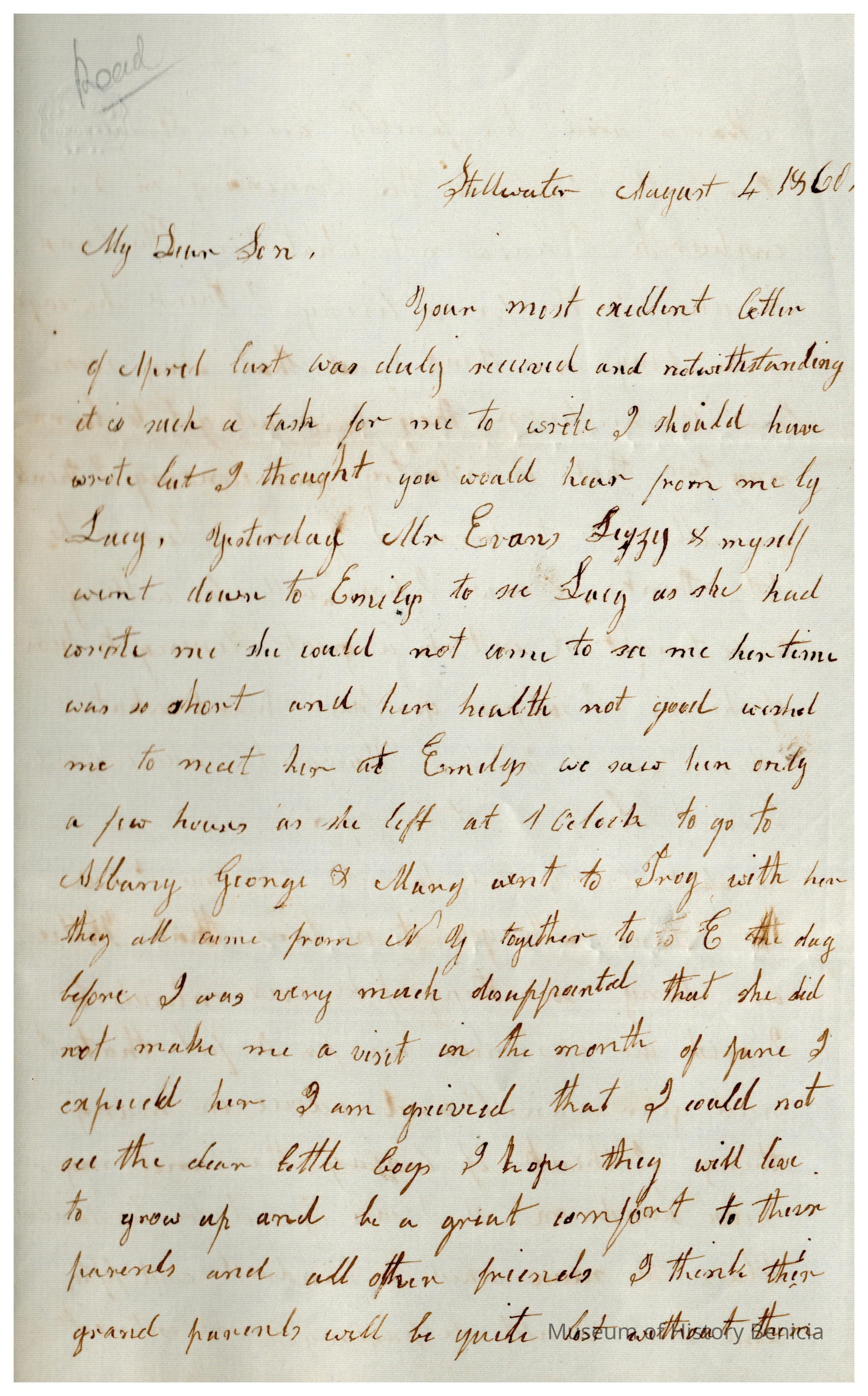 The image depicts a handwritten letter from Joanna Gray Evans to her son Samuel Gray, dated August 4, 1860, in Stillwater. The letter, written in elegant cursive script on aged paper, expresses gratitude for Samuel’s correspondence, discusses family visits, and conveys emotional reflections on family relations. Joanna mentions her regrets for missed visits and expresses hope for the well-being and growth of Samuel’s children, focusing on familial bonds despite the challenges of distance and health constraints.