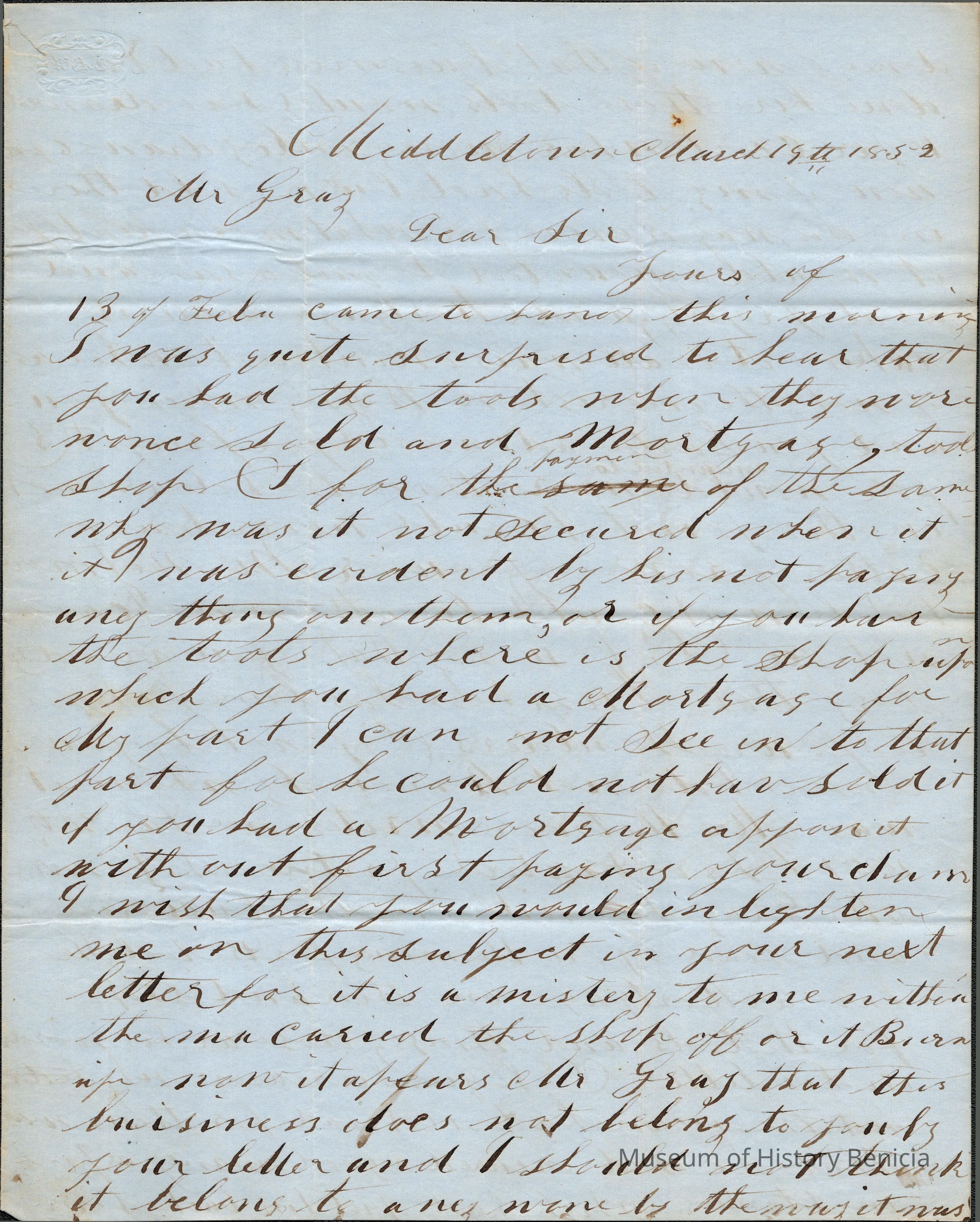 The image features a historical document dated March 19, 1853, from Middleboro, Connecticut. It is a handwritten letter from Levi Hubbard to Samuel Gray, expressing surprise upon learning that Gray had tools and possibly a shop sold with an outstanding mortgage. Hubbard appears concerned that the shop was mortgaged without prior notice and requests clarification on the subject. The letter's tone suggests a misunderstanding or oversight regarding the sale and financial obligations, prompting Hubbard to seek resolution or explanation about the ownership and ensuing responsibilities. The old-fashioned cursive writing is typical of the mid-19th century.