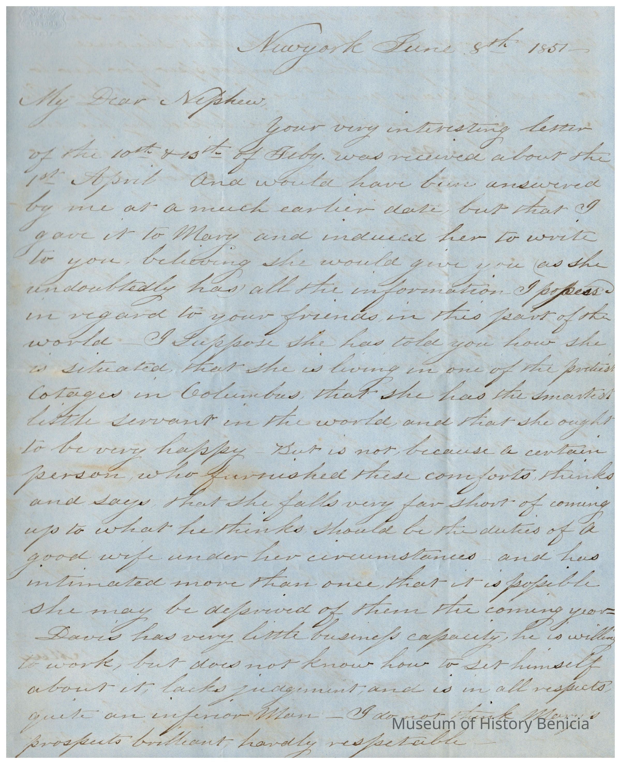 The image is of a handwritten letter dated June 8th, 1851, from Edward Powers to his nephew Samuel Gray. The letter is penned on blue paper with neat, cursive handwriting. It appears to discuss personal matters such as correspondence and family affairs. The letter mentions how it arrived and refers to mutual acquaintances, providing updates on their lives. Phrases like "my dear nephew" and "your friends" indicate a personal tone. The letter also touches on opinions regarding circumstances and responsibilities, conveying a sense of familial advice and concern. The overall presentation is formal and reflective of the time period.