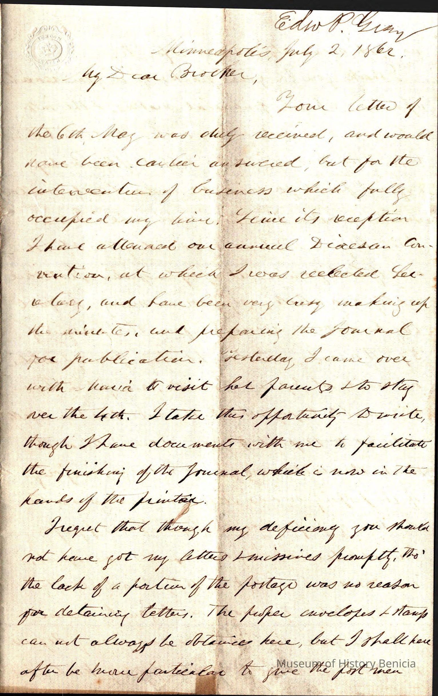 The image is a scanned copy of a handwritten letter dated July 2, 1862, from Edward P. Gray to his brother, Samuel. The letter appears to be written in ink on an aged, slightly wrinkled piece of paper. The handwriting, though neat, exhibits the flowing cursive script typical of the 19th century. There is a faint embossed seal visible at the top left corner of the letter, indicating some form of formal correspondence or stationery. The letter's content includes Edward’s acknowledgment of receiving Samuel’s earlier letter, mentions of attending a diocesan convention, and a reelection to a certain office. Edward also refers to working on a journal publication and mentions a visit with someone named Maria to her parents for the Fourth of July. Additionally, Edward expresses regret over postage issues affecting the timely dispatch of letters, noting difficulties with acquiring proper envelopes and planning to be more careful in the future. The physical condition and style of the document reflect its historical context.