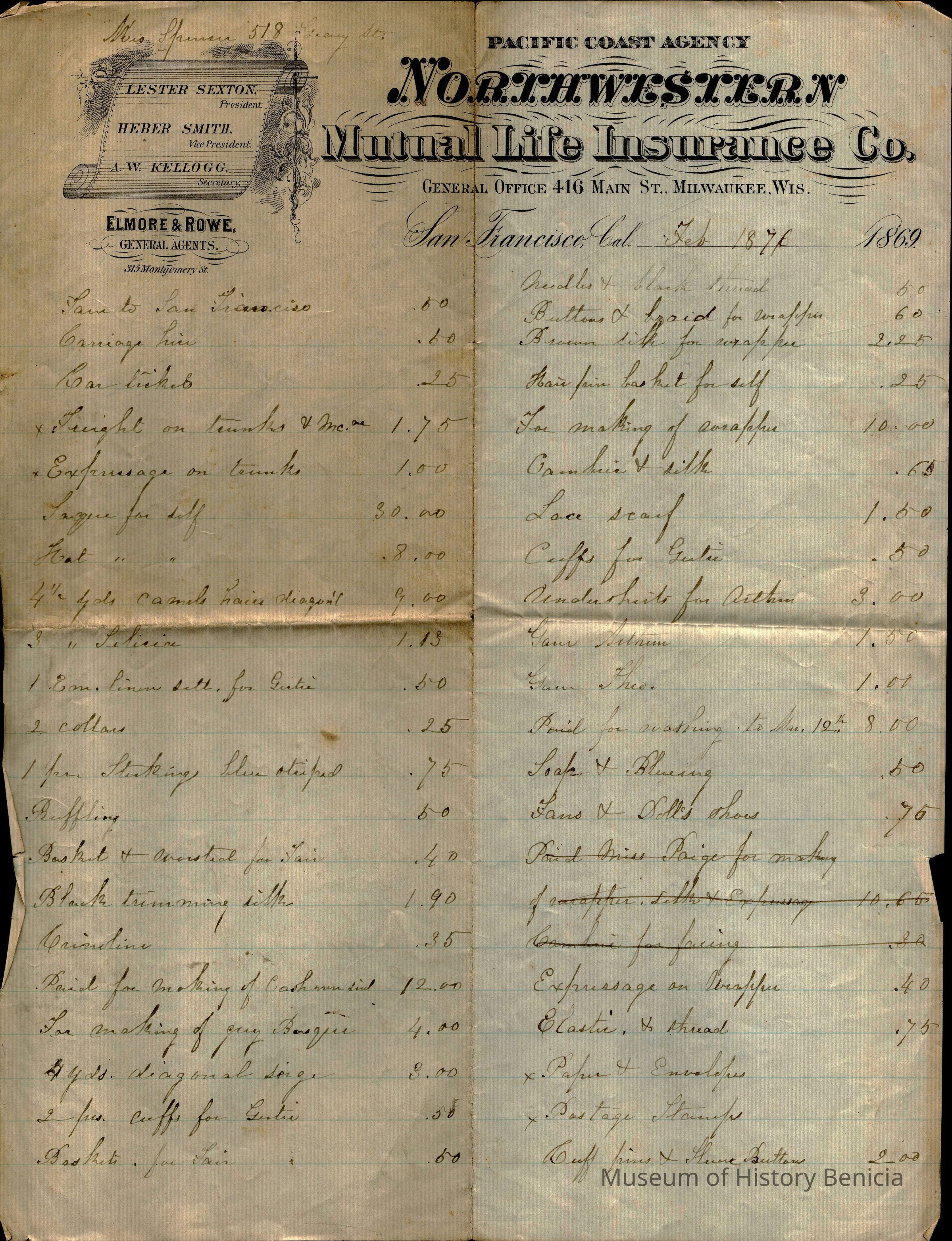 The image depicts an old document from the Northwestern Mutual Life Insurance Co.'s Pacific Coast Agency, dated February 1876, San Francisco. It's a list detailing various items and services with their costs, possibly a purchase list for Mr. Gray’s store in Benicia. The items include "Carriage Hire," "Box Timber," and significant services such as "Expressages on trunks," "Ruffling," "Crinoline," and materials such as "Paper for ruffling dresses" and "Lace scarf." There's a blend of clothing items, transportation services, and paper supplies. The document, written in ink, reflects the period's transaction style with amounts listed beside each entry, offering insight into historical business practices and expenditures. The background is a faded, textured paper adding to the historical authenticity of the document.