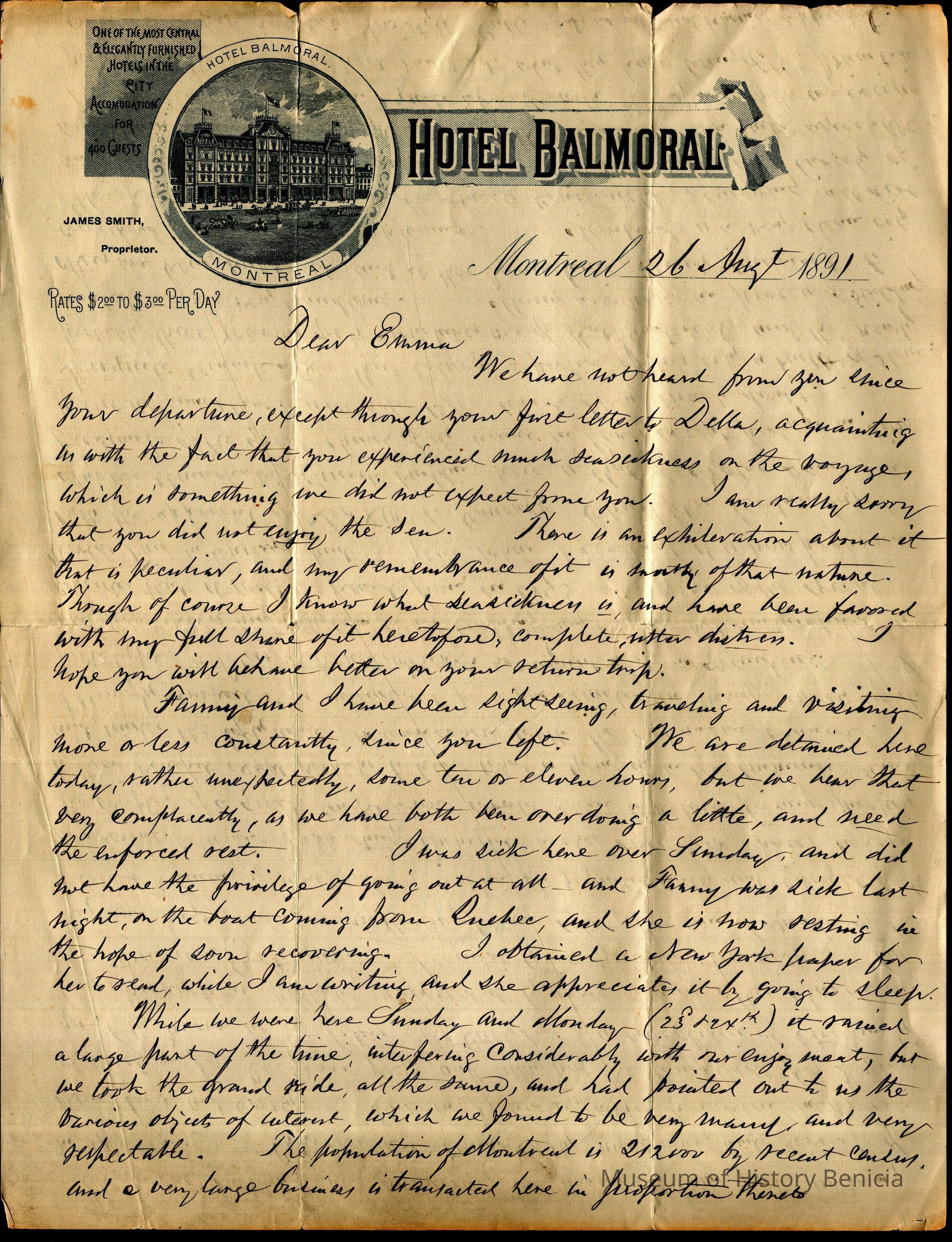 The image depicts a handwritten letter dated August 26, 1891, from Samuel Gray to Emma Garretson. The letter is composed on letterhead from the Hotel Balmoral in Montreal, featuring the hotel's name, a drawing of the building, and information about its accommodations and rates. In the letter, Samuel expresses concern over Emma's seasickness during her voyage and reports on his and Fanny’s activities since Emma's departure, including sightseeing and unexpected delays. Samuel mentions that Emma is missed, and he relays his own recent experiences, such as witnessing a storm. The letter is a personal correspondence filled with care and familial warmth against the backdrop of late 19th-century travel.