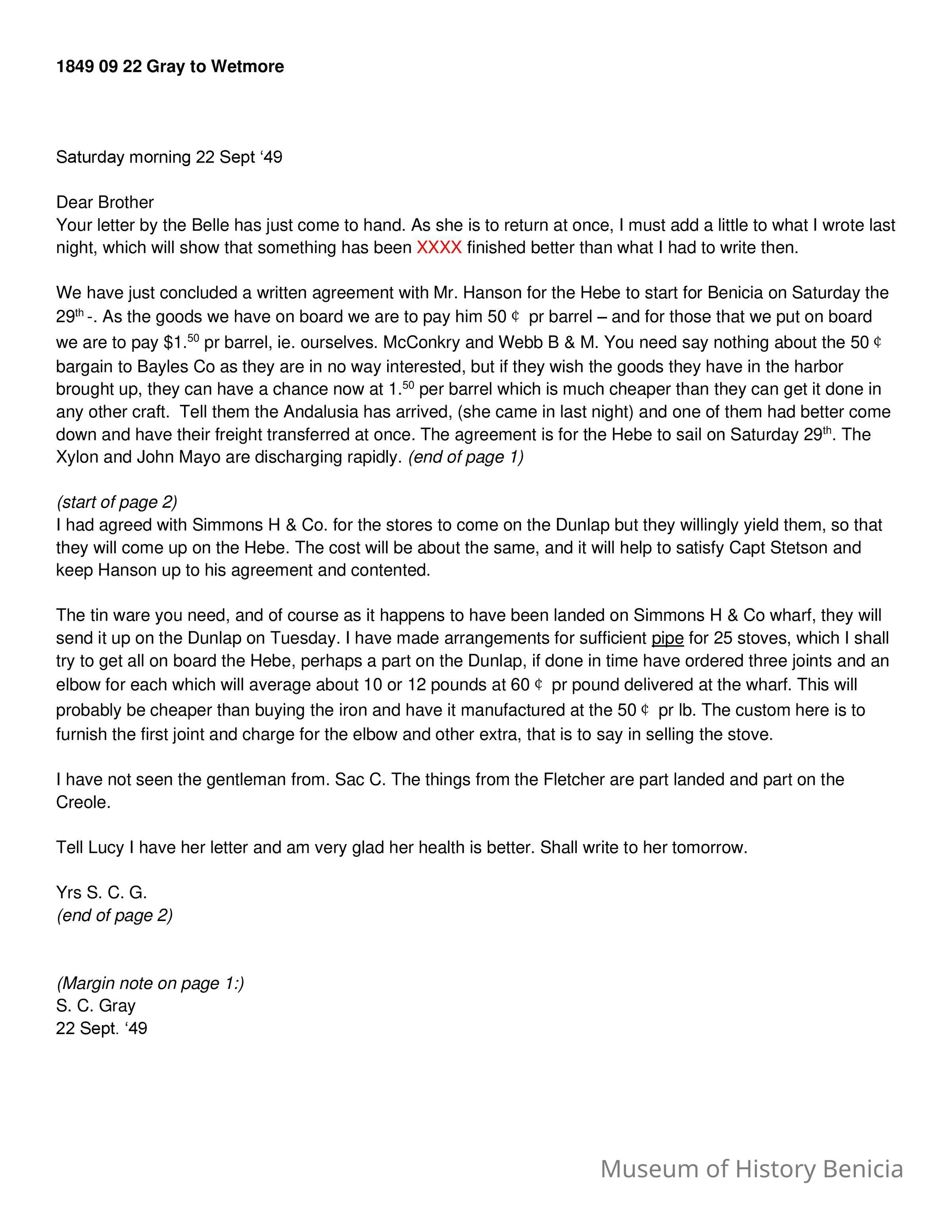 The image depicts a letter dated September 22, 1849, from S. C. Gray to Wetmore, addressed as "Dear Brother." In the letter, Gray mentions receiving a communication via the ship Belle and discusses logistics and agreements for shipping goods to Benicia aboard the Hebe. Specific details include negotiations with Mr. Hanson, pricing at 50 cents per barrel for transport, and coordination with McConkry and Webb B & M. Additionally, Gray notes preparations for future shipments on the Dunlap and mentions ironwork arrangements for stoves, quoting costs and logistical plans. The letter concludes with personal remarks regarding Lucy's health and a note about forthcoming communication.