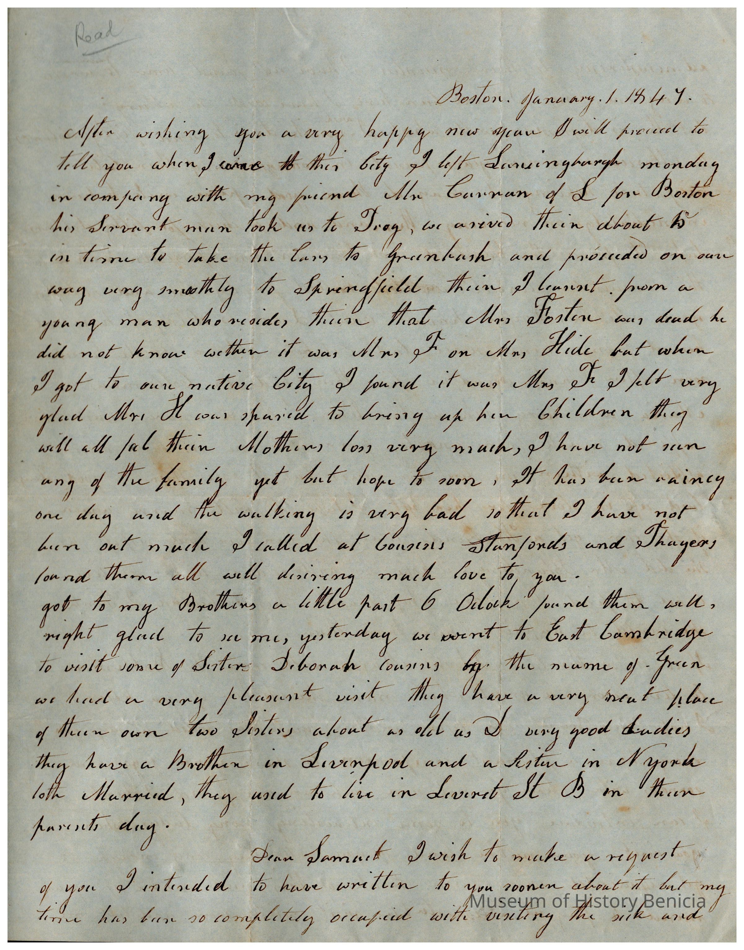 The image is a handwritten letter dated January 1, 1849, from Boston, describing the author's journey from Lansingburgh to Boston via Troy, mentioning travel companions and individuals encountered along the way, such as a young man and Mrs. Felton, whom the writer initially did not know had died. The letter details the author's travels to Springfield and East Cambridge, including visits to siblings and a place owned by some sisters. Despite rainy weather and poor walking conditions, the author managed to visit local acquaintances.