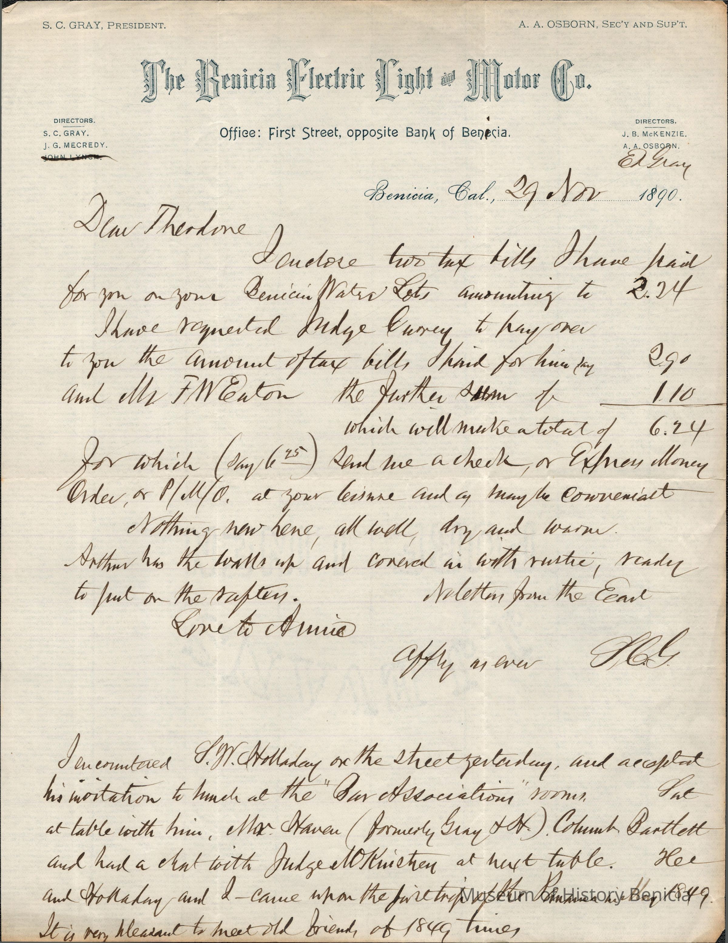 The image shows a handwritten letter from Samuel Gray to his son Theo Gray on Benicia Electric Light and Motor Co. stationery, dated November 29, 1890. The letter is written in cursive, detailing financial transactions related to Theo's bills related to Benicia Light Electric and Motor Co., totaling $6.24. Samuel Gray explains that he has paid certain bills and requests Theo to draw a check or postal money order at his convenience. He mentions that "everything now here all well, dry and warm,". The letter ends with a personal anecdote about meeting S.W. Holladay and attending a lunch at the "Bar Associations" rooms". Mr. Gray, Judge McKinstry and Mr. Holladay all came to California on the Panama in May 1849. They enjoyed reminiscing about 1849 times.