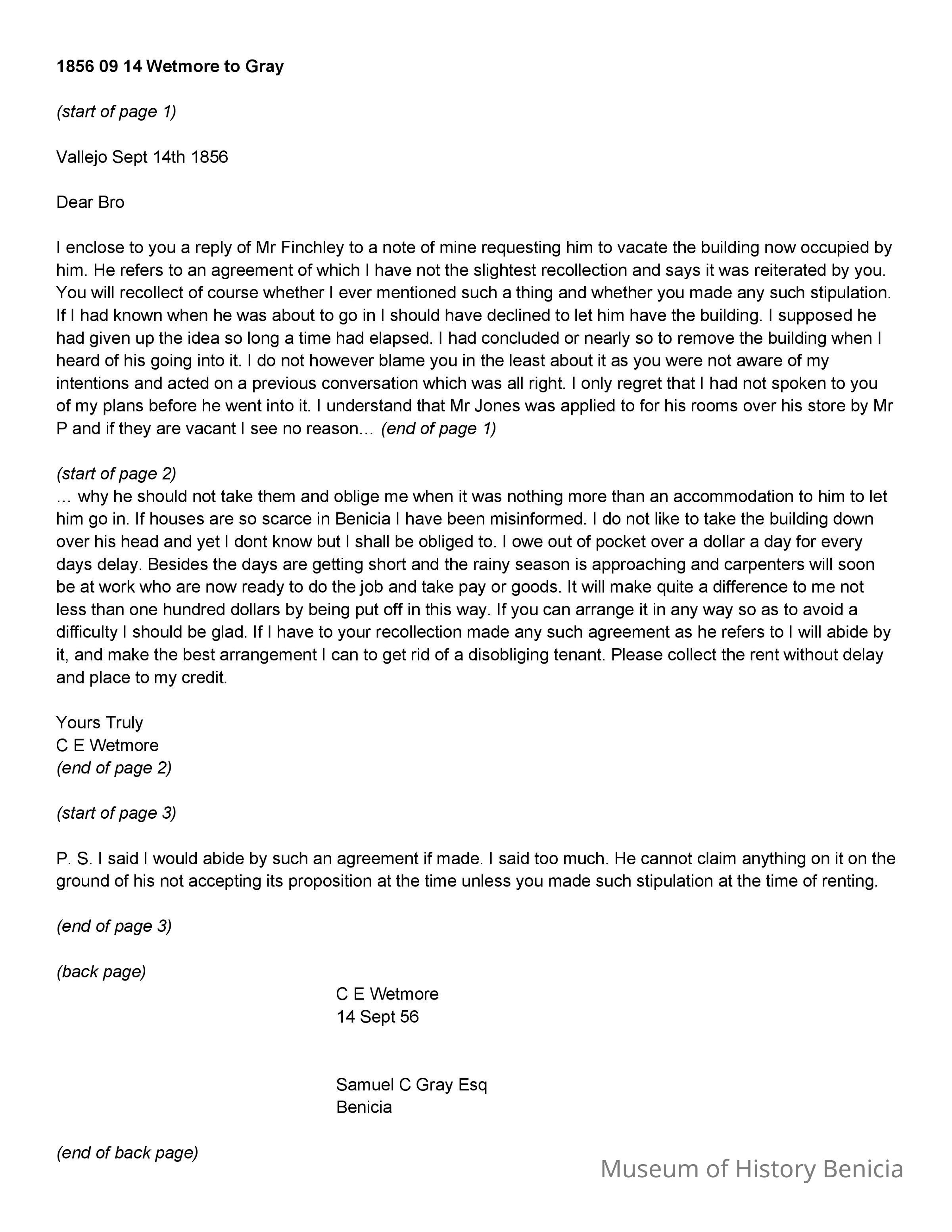 The image depicts a letter dated September 14, 1856, from C. E. Wetmore to Samuel C. Gray. Wetmore is responding to a note from Mr. Finchley regarding the rental of a building and the request for Finchley to vacate. Wetmore denies recollection of any agreement that would allow Finchley to occupy the building and expresses regret for not informing Gray of changes to his plans earlier. He mentions another party, Mr. Jones, who was intended to use the premises. Wetmore discusses the urgency caused by approaching rainy weather and the financial burden of delays. The letter concludes with Wetmore asking Gray to collect rent promptly and emphasizes the lack of a binding agreement on Finchley’s part.