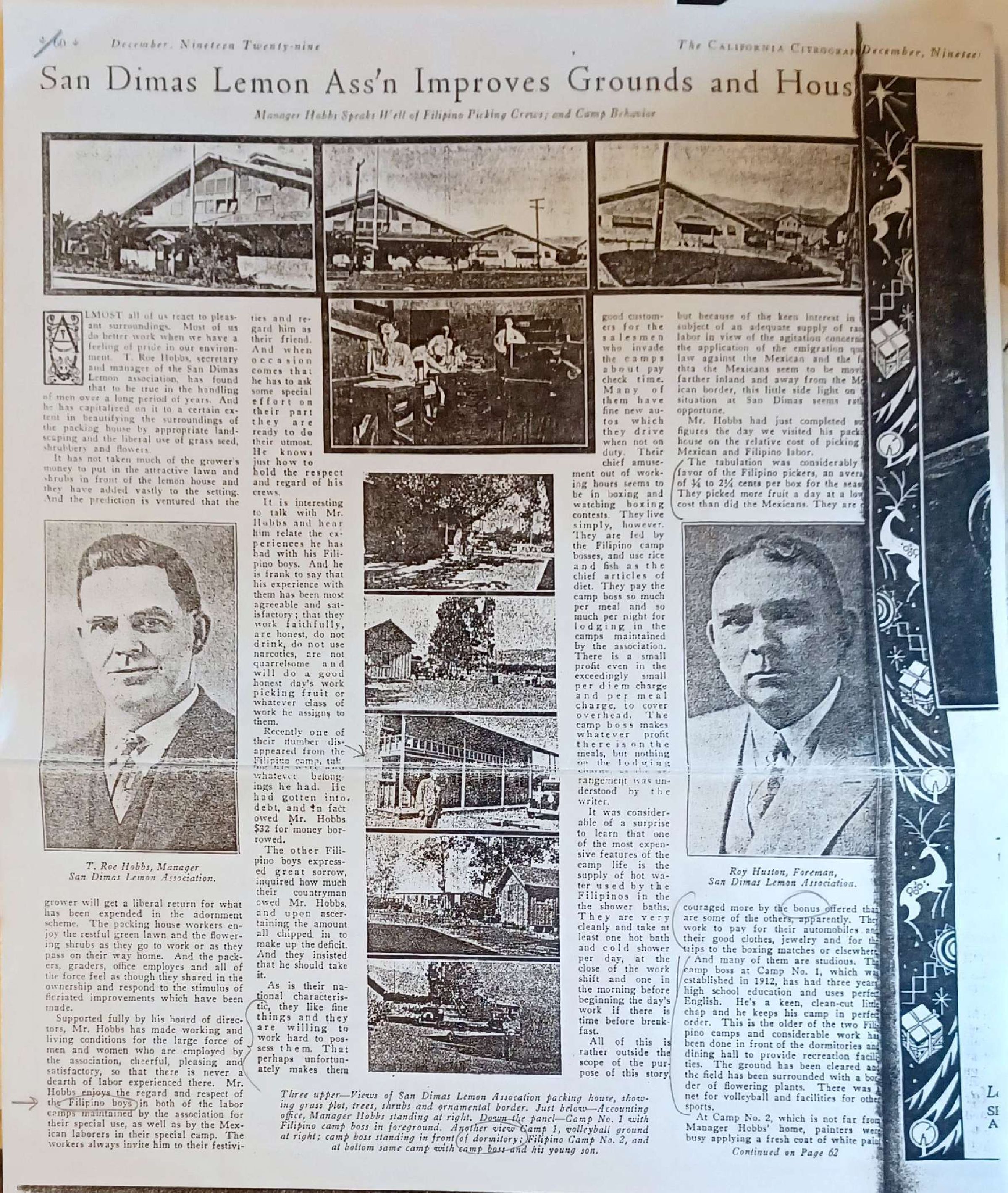 Newspaper copy - The California Citrograph, "San Dimas Lemon Ass'n Improves Grounds and Housing", regarding Filipino housing, dated December 1929