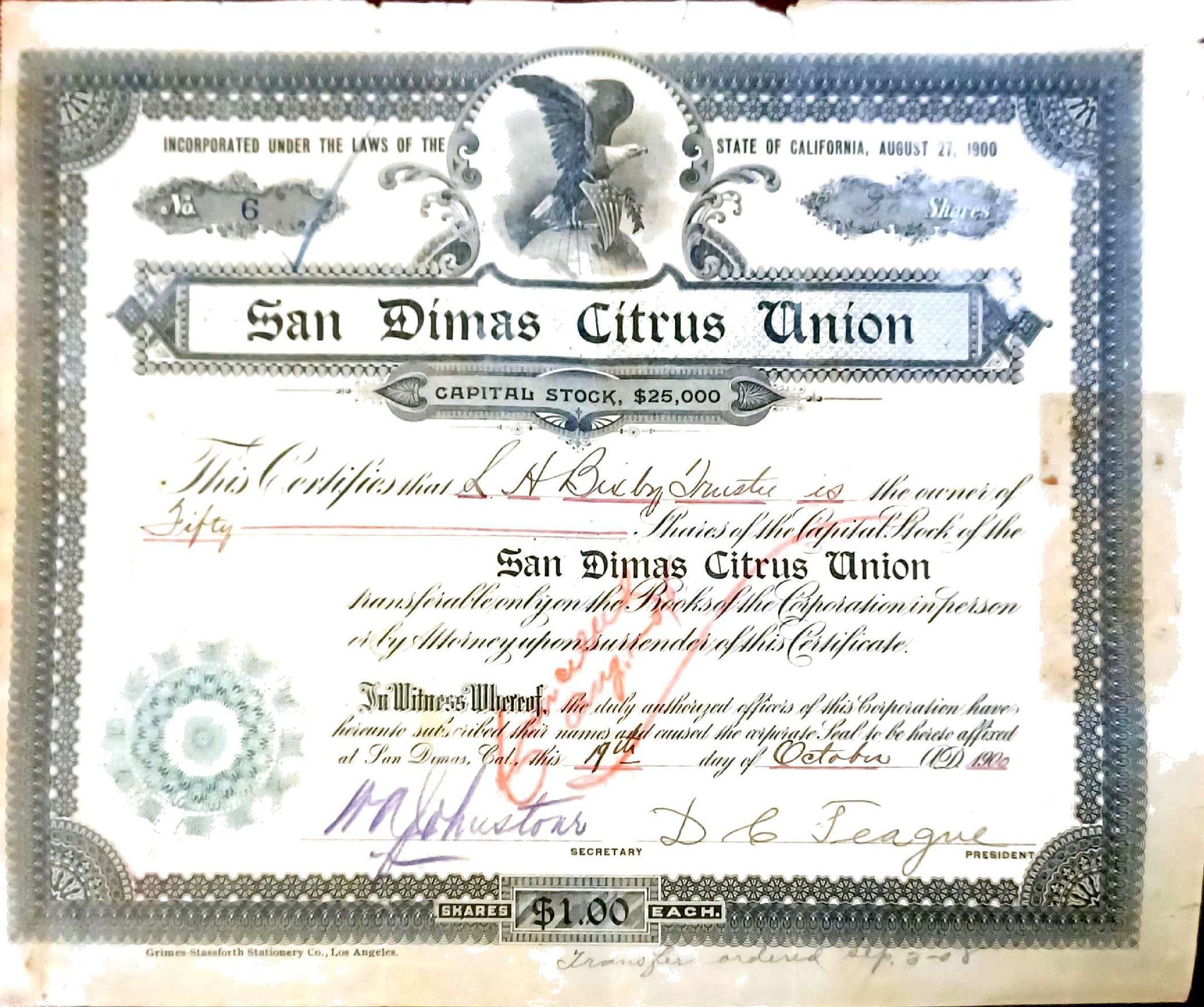 Stock Certificate - San Dimas Citrus Union - No. 6, dated October 19, 1900