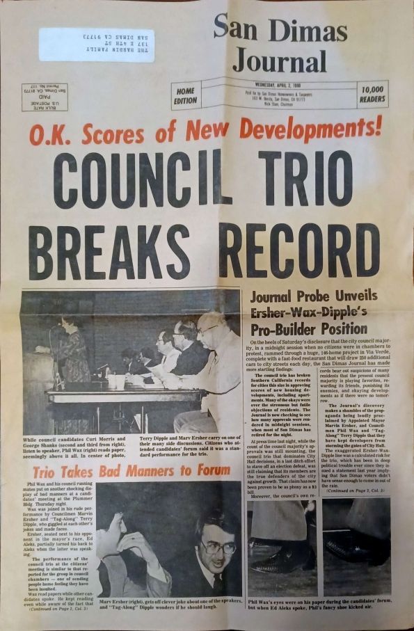 San Dimas Journal, "Council Trio Breaks Record" April 2, 1980
