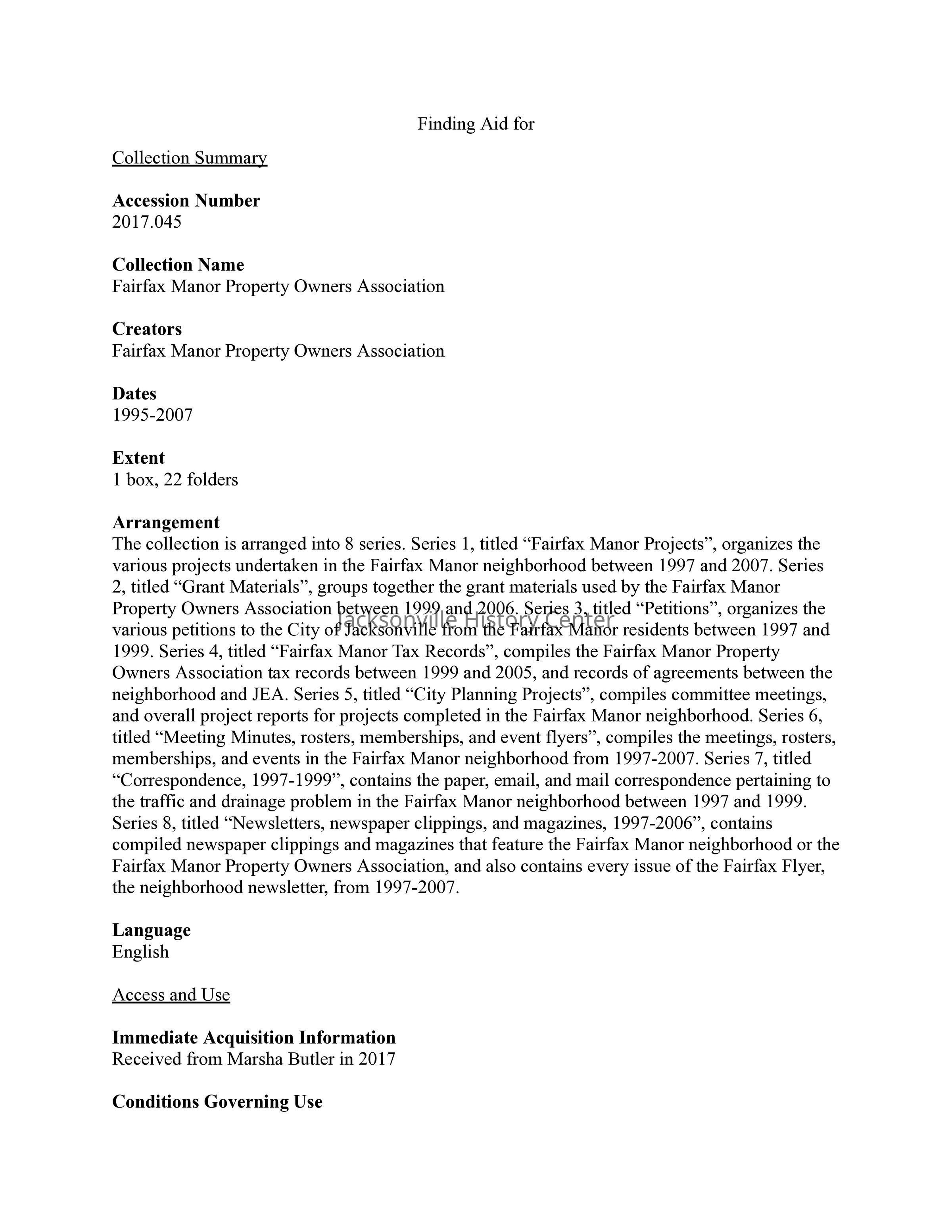 Click image for full finding aid: Finding Aid for Fairfax Manor Property Owners Association