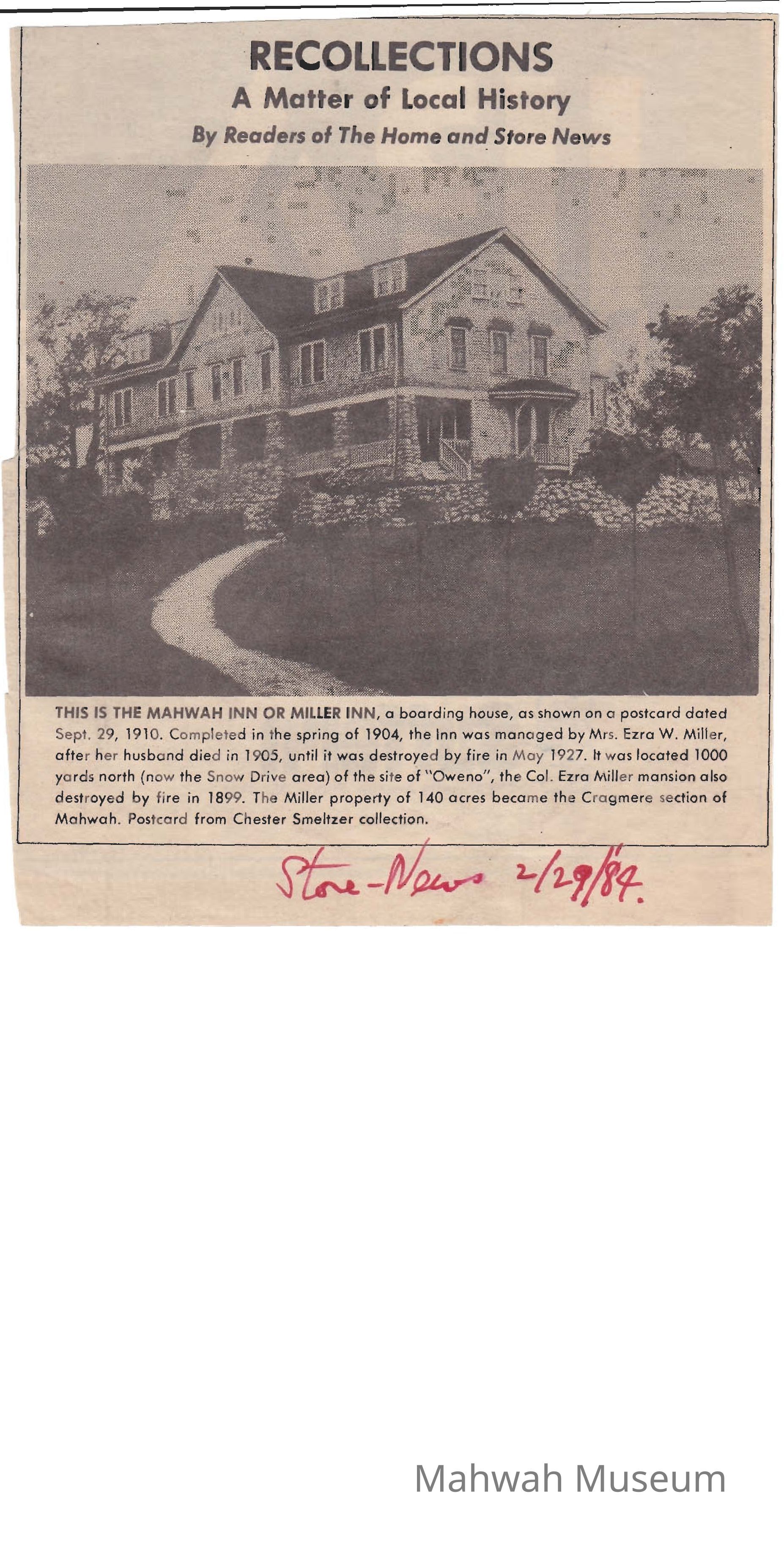 Newspaper photo of Mahwah Inn circa 1910