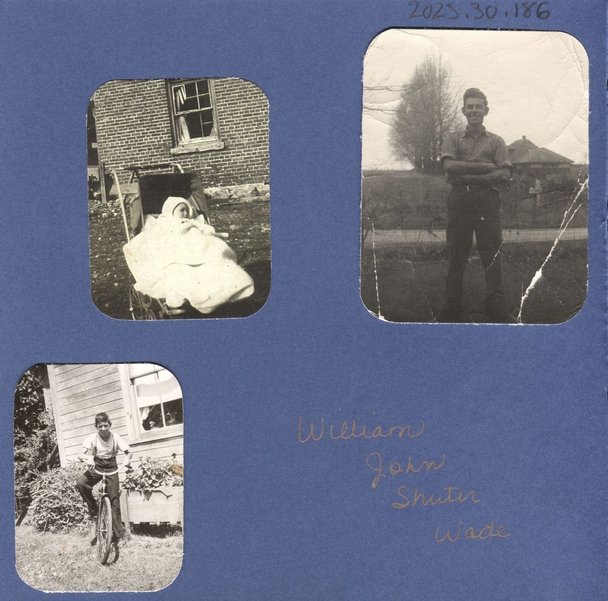 Photos retrieved from the Wade family photo album that are stuck to the page.: The image is a collage of three black-and-white photographs on a blue background. One photo shows a baby in a stroller wrapped in a blanket near a brick building. Another photo captures a young man standing with his arms crossed, and the final is of the same boy on a bike in front of his house.