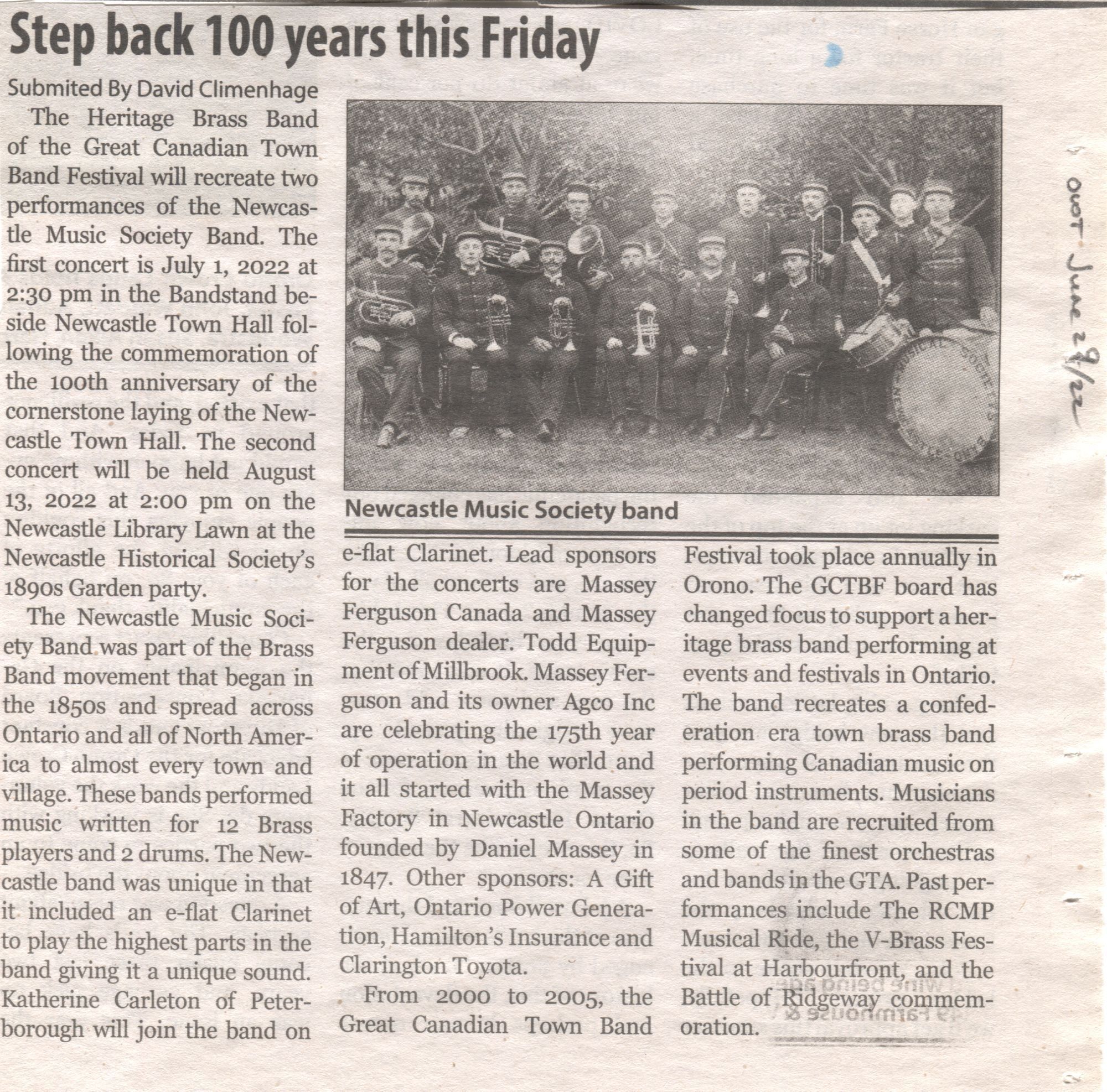 Newcastle Music Society Band Newspaper Article: This newspaper clipping features an article about the Heritage Brass Band of the Great Canadian Town Band Festival, which is set to recreate performances by the Newcastle Music Society Band. The events are scheduled for July 1, 2022, at Newcastle Town Hall, and August 13, 2022, at the Newcastle Library Lawn.