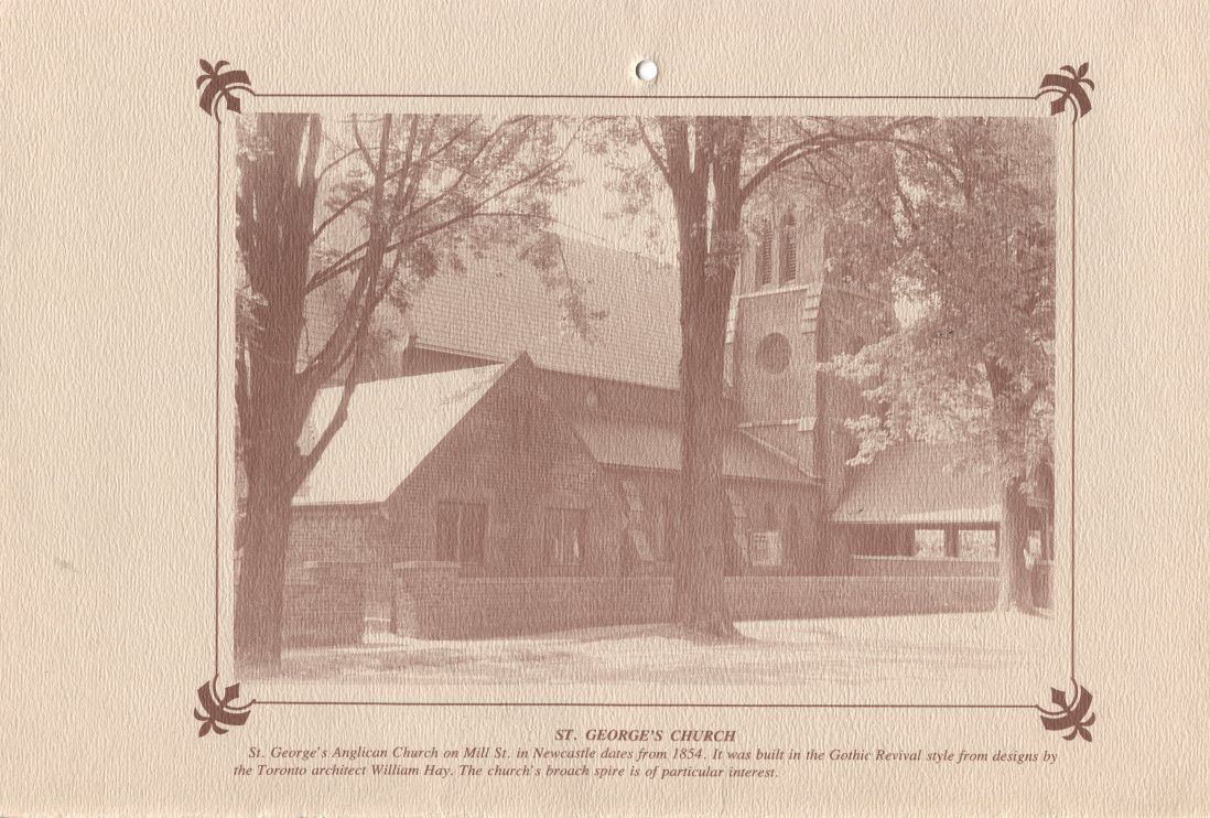 St. George's Church: The image depicts St. George's Anglican Church on Mill St. in Newcastle, designed by architect William Hay, dating back to 1854. The church is constructed in the Gothic Revival style, characterized by its prominent spire, surrounded by trees, giving a serene and historic ambiance.