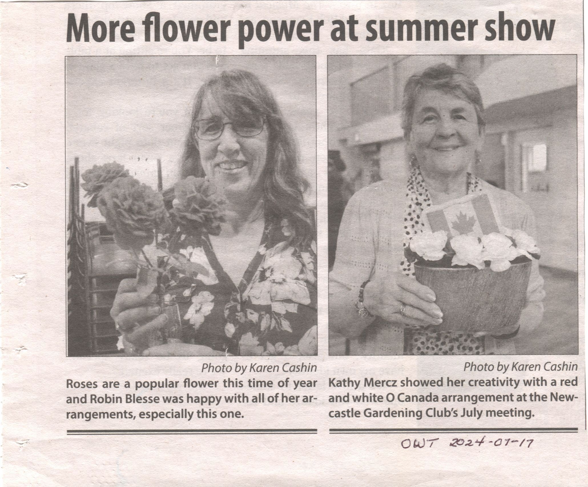 Newcastle Horticultural Society flower power at summer show: The image shows a newspaper clipping with two photos. The first photo features a woman smiling while holding a bouquet of roses, and the caption mentions her satisfaction with her floral arrangements. The second photo depicts another woman holding a pot with a Canadian flag, highlighting her creativity for the group's July meeting.