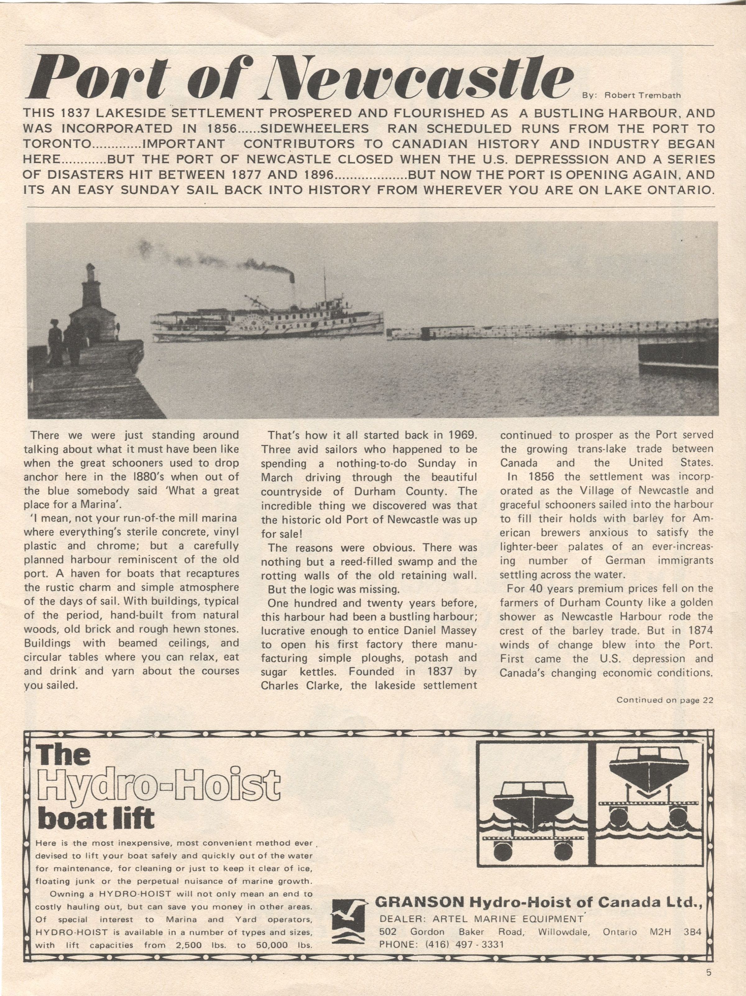 Port of Newcastle Article: A newsletter page discussing the history and significance of the port, which prospered in 1837 and was incorporated in 1856. Sidewheelers ran scheduled routes from this port to Toronto, significantly contributing to Canadian history and industry. A black-and-white photograph depicts a steamboat near a lighthouse. The article discusses how the port closed after a U.S. depression and disasters between 1877 and 1896 but now the port is open again.