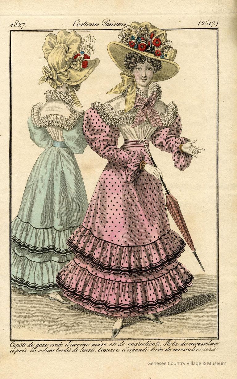 2 Ladies in Colored Dresses and Canezous