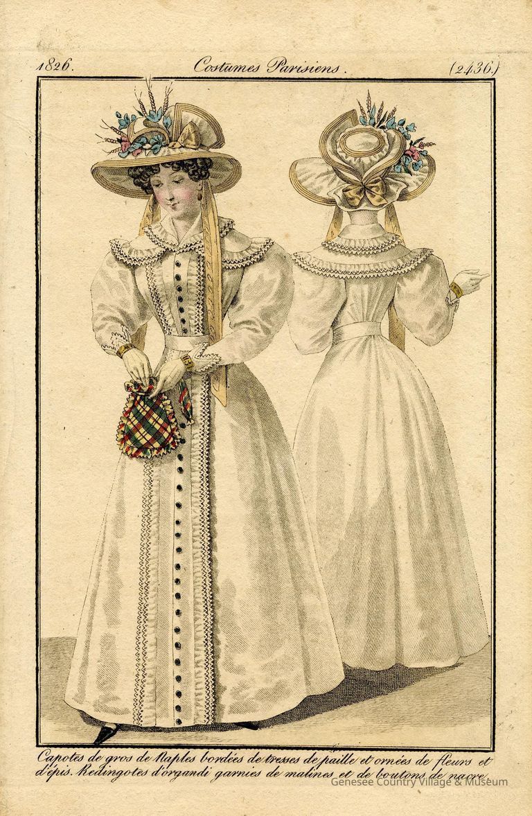 2 Ladies, White Pelisse, Plaid Reticule