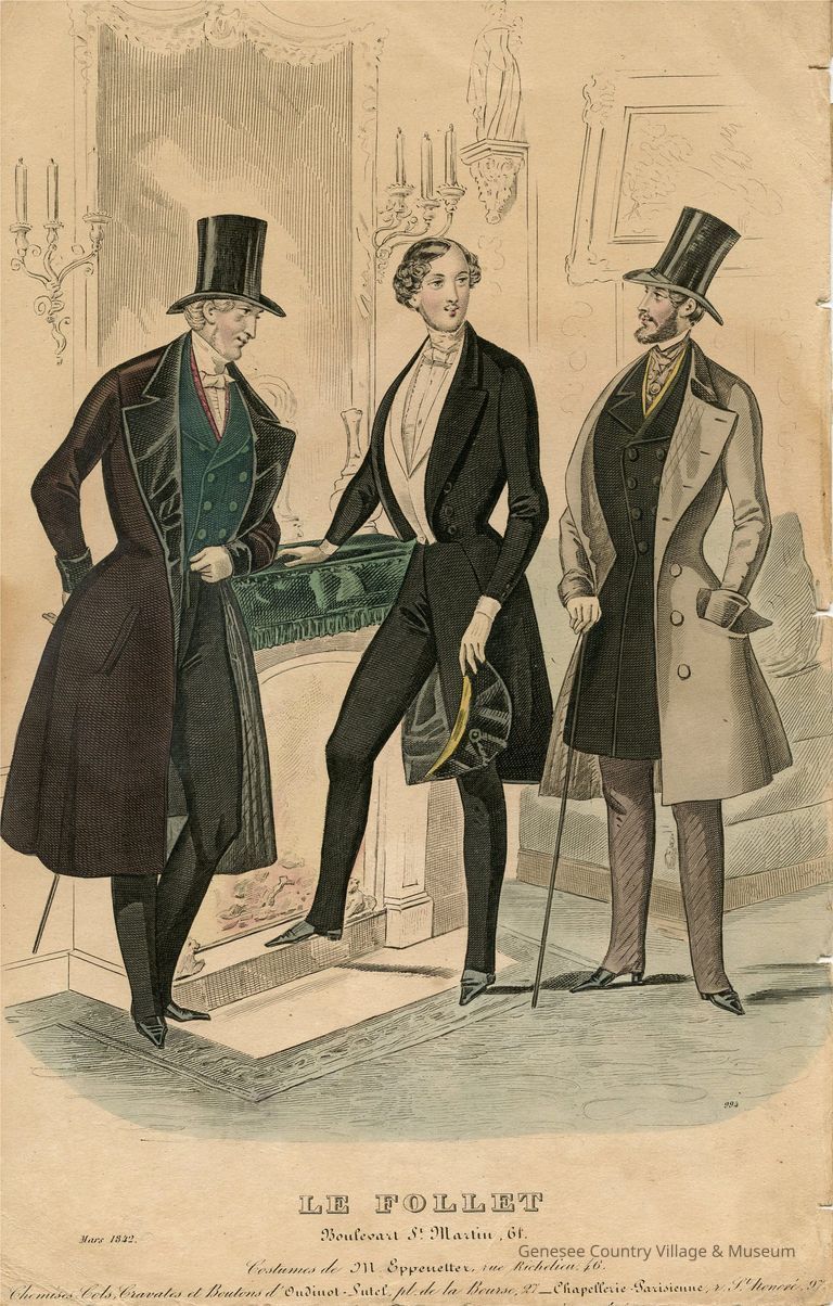 3 Men By Fireplace, One in Long Black Topcoat