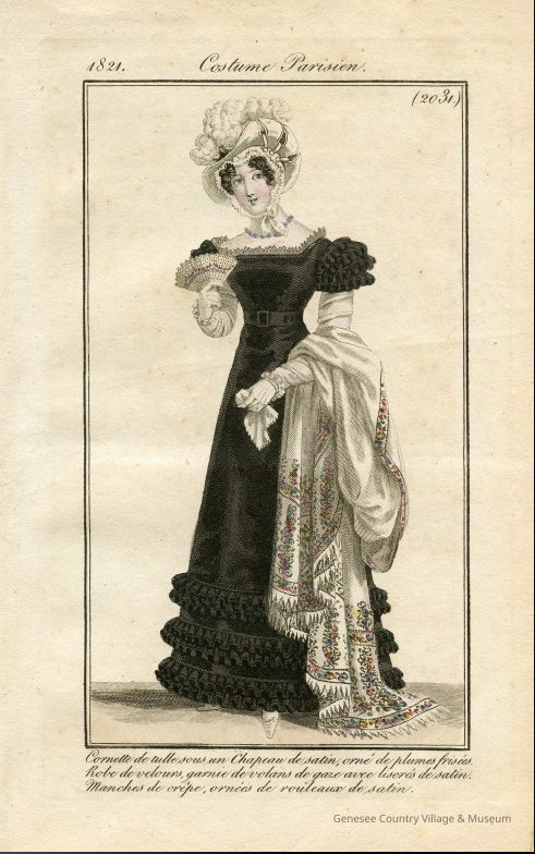 Black Dress, White Shawl, Fan, Plumed Hat
