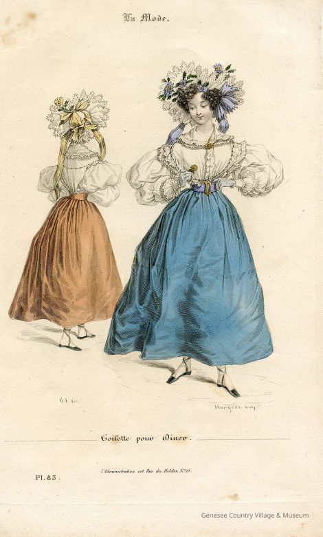 2 Ladies in DInner Skirt and Blouse, Deep Frilled Caps