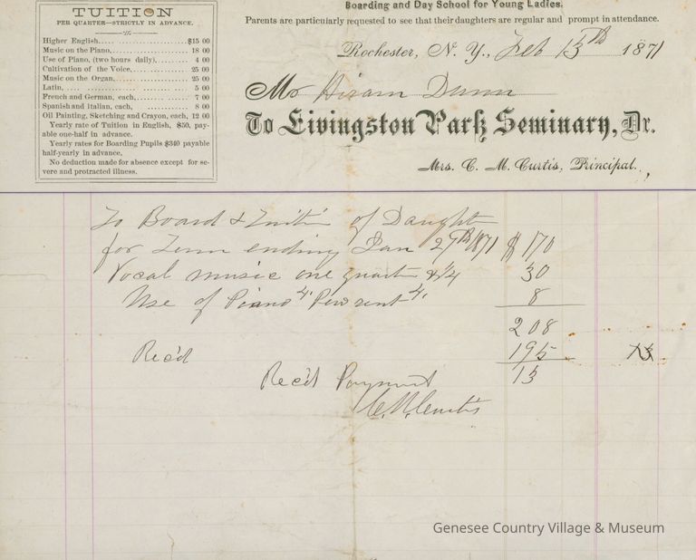 Livingston Park Seminary Receipt
