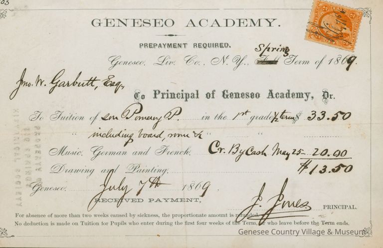 Geneseo Academy Receipt to John W. Garbutt