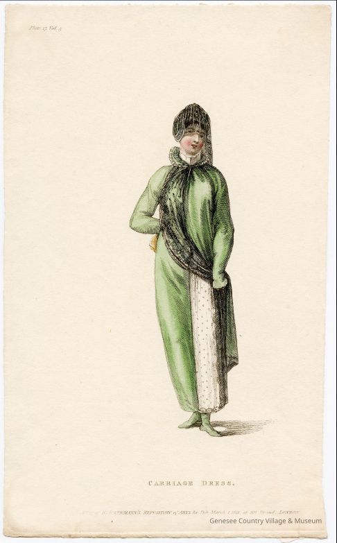 Carriage Dress, Green Pelisse, Long Black Lace Veil