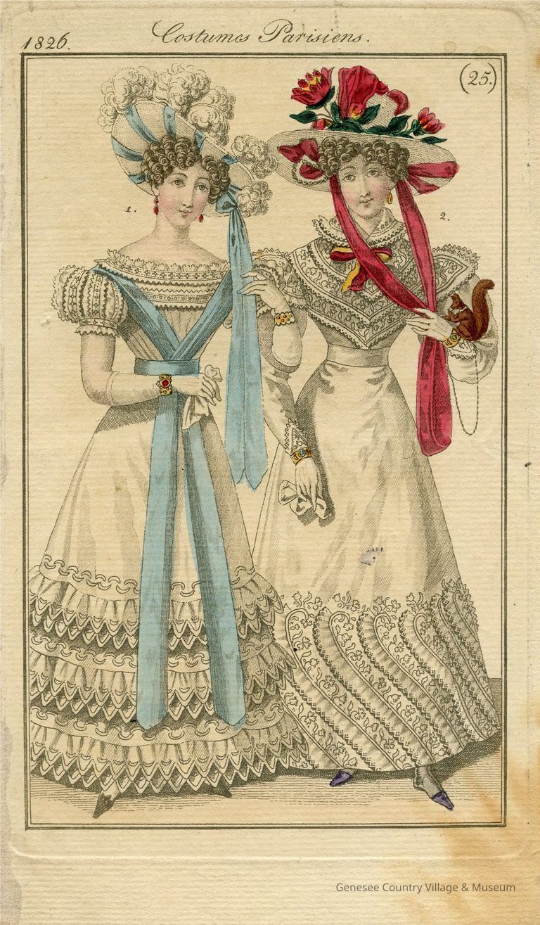 2 ladies in white dresses, big red trimmed hat, Pet squirrel