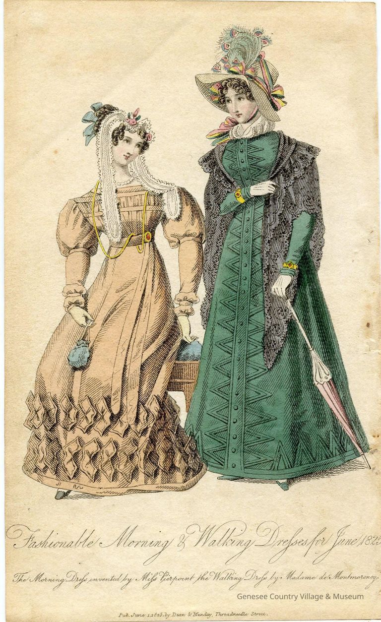 2 Ladies, Walking Dresses, Peach and Green