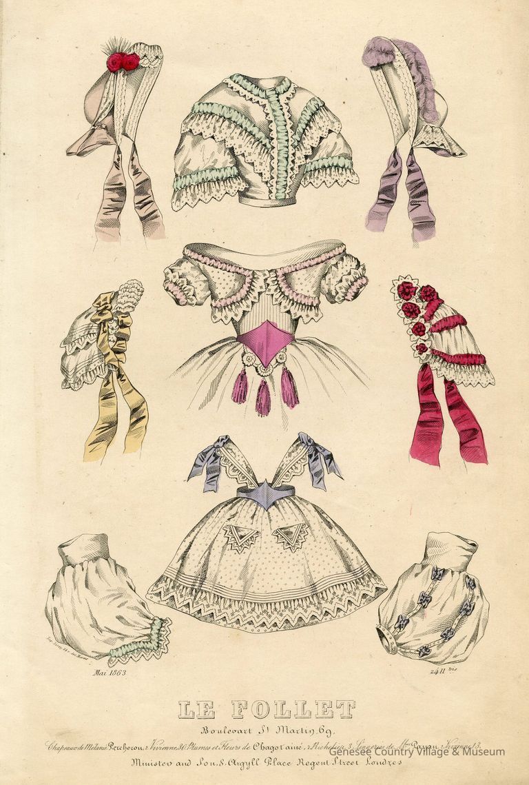 2 Bodices, Girls' Pinafore, 2 Bonets, 2 Caps, 2 Undersleeves