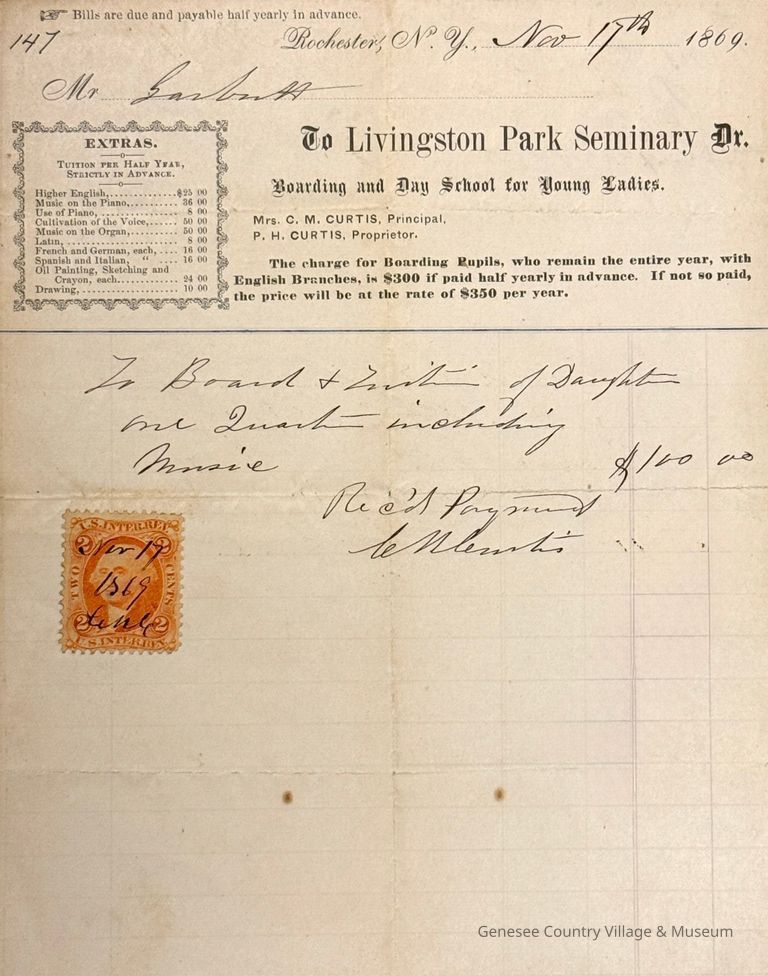 Livingston Park Seminary Receipt