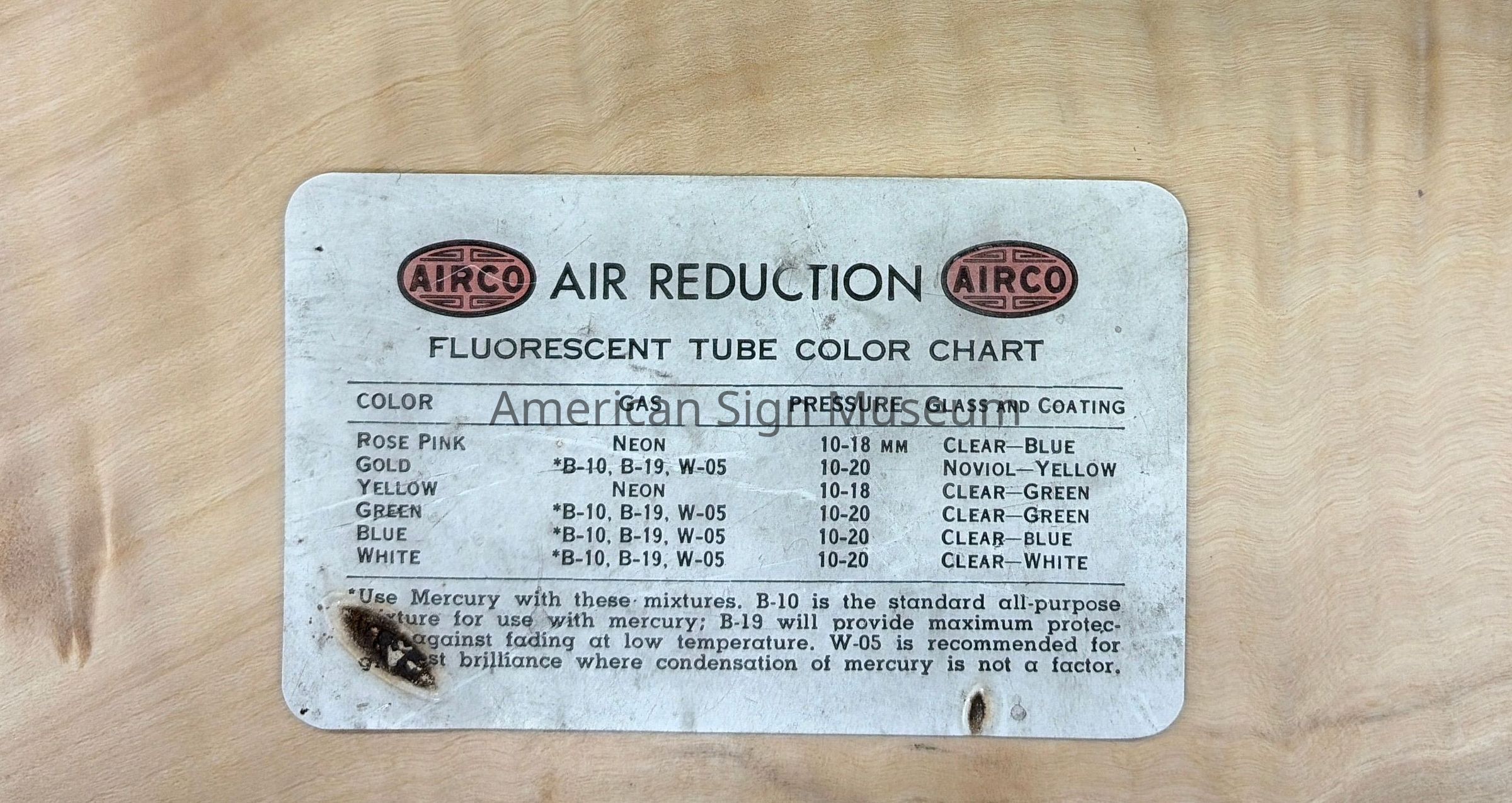 Pioneer Neon Supply Co. Airco Air Reduction Fluorescent Tube Color Chart picture number 1