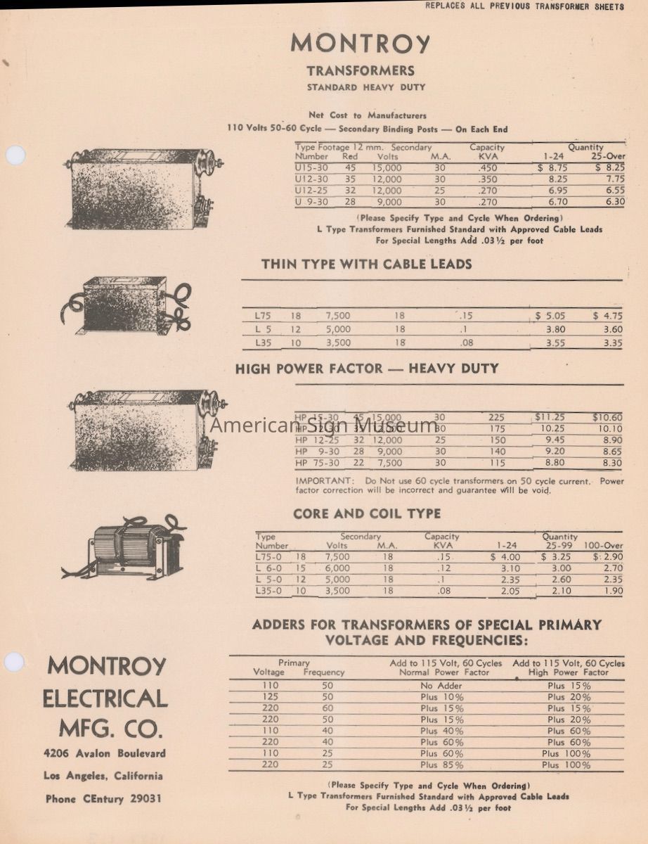 Montroy Electrical Mfg. Co. Illustrated Price Sheet picture number 1