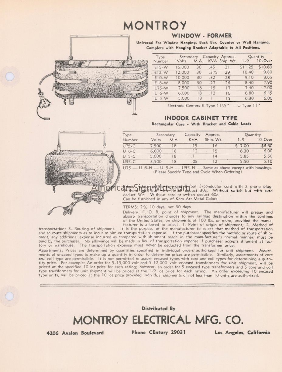 Montroy Electrical Mfg. Co. Illustrated Price Sheet picture number 1
