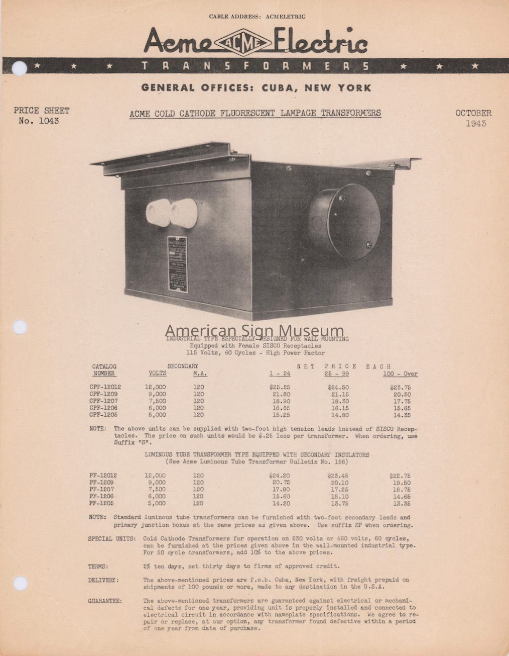 Acme Electric Illustrated Price Sheet picture number 1