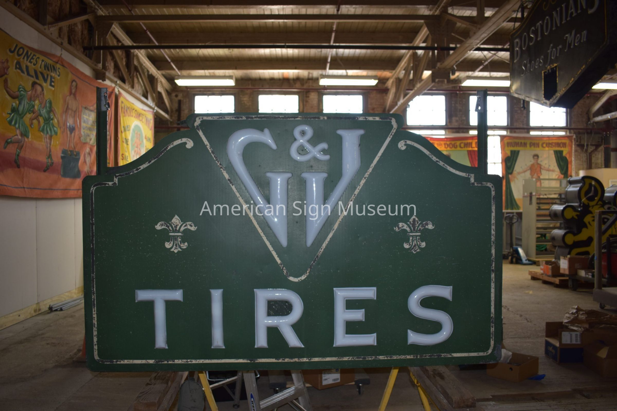 G&J Tires Double-Faced Metal & Opal Glass Sign picture number 1