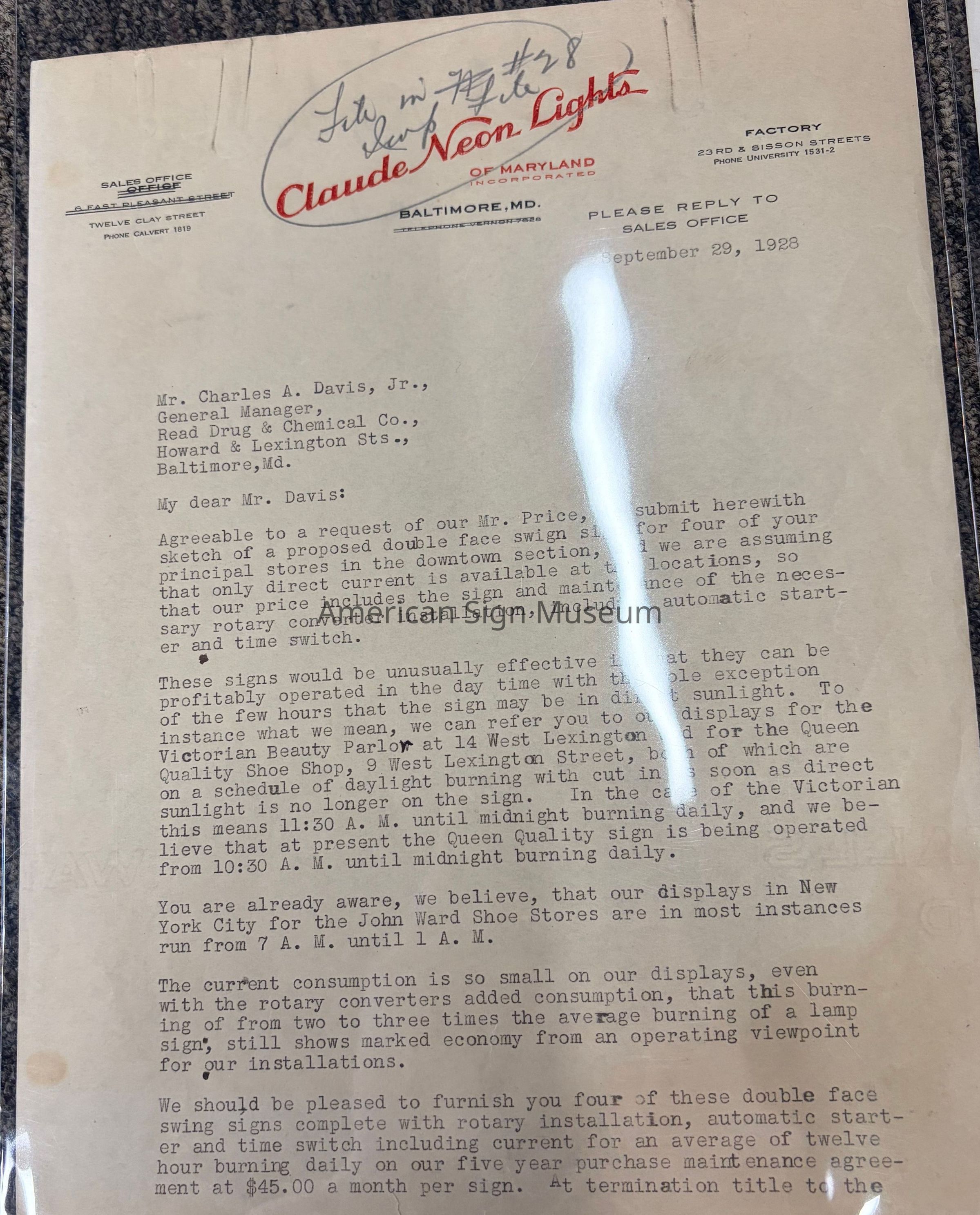 Claude Neon Lights Letter to Read Drug & Chemical Co. picture number 1