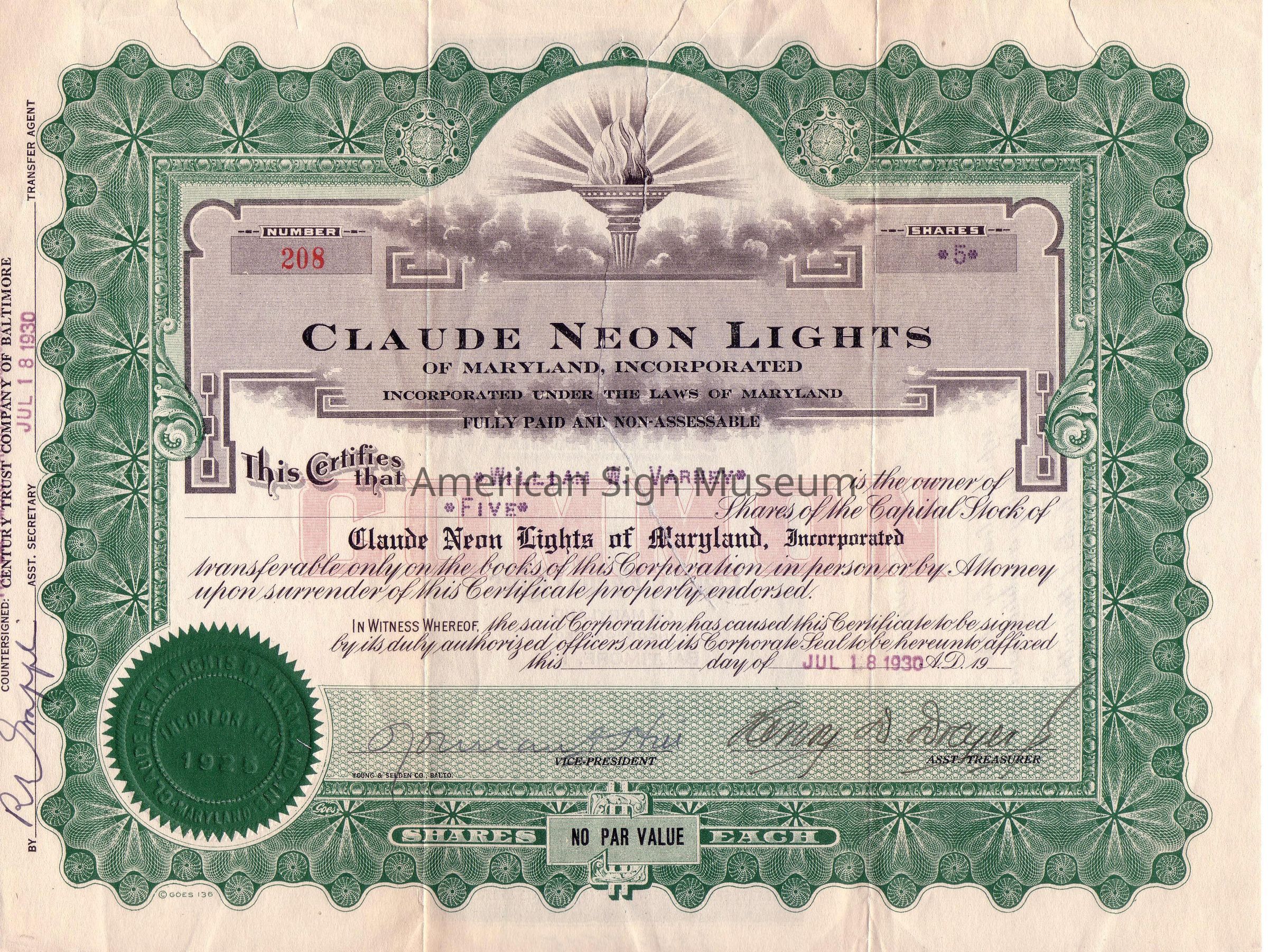 Claude Neon of Maryland Incorporation Stock Certificate picture number 1