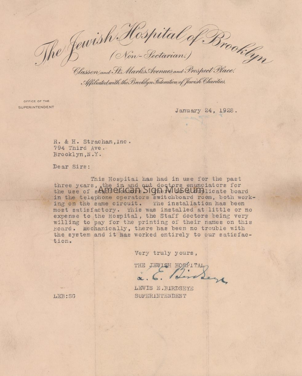 Brooklyn Jewish Hospital Letter to R.H. Strachan, Inc. picture number 1
