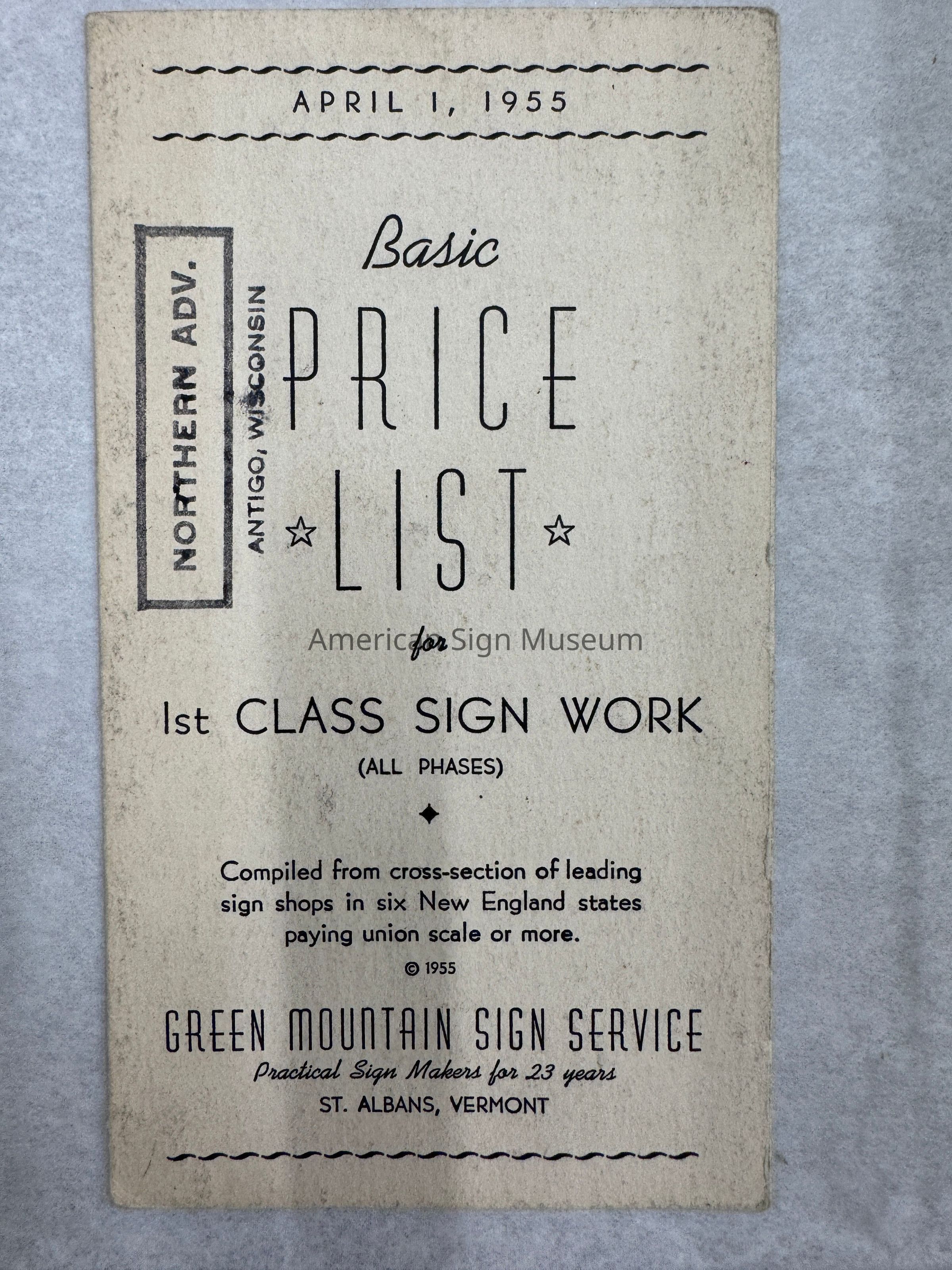 Green Mountain Sign Service Basic Price List for 1st Class Sign Work picture number 1
