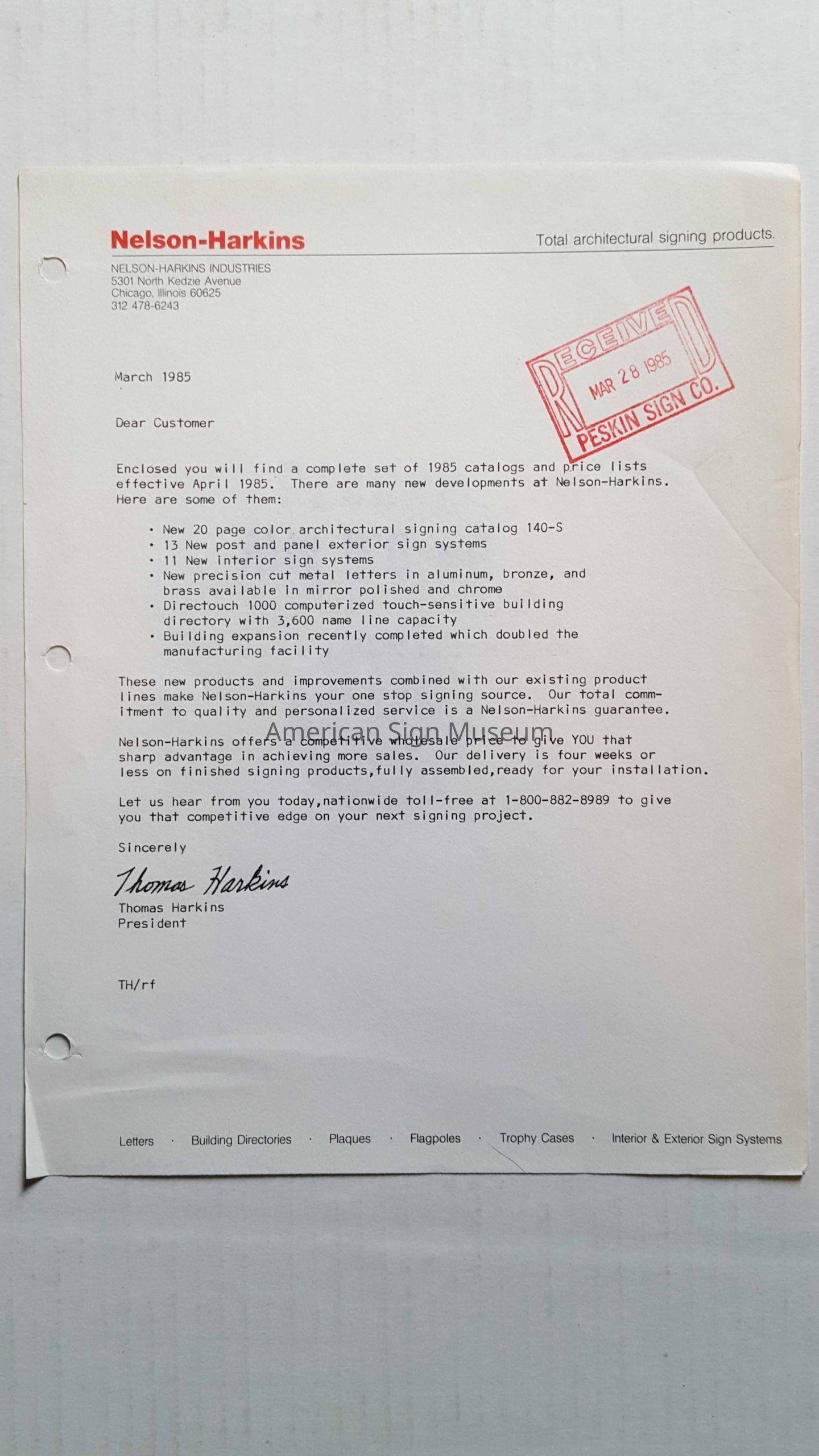Nelson-Harkins Letter to Peskin Sign Company picture number 1