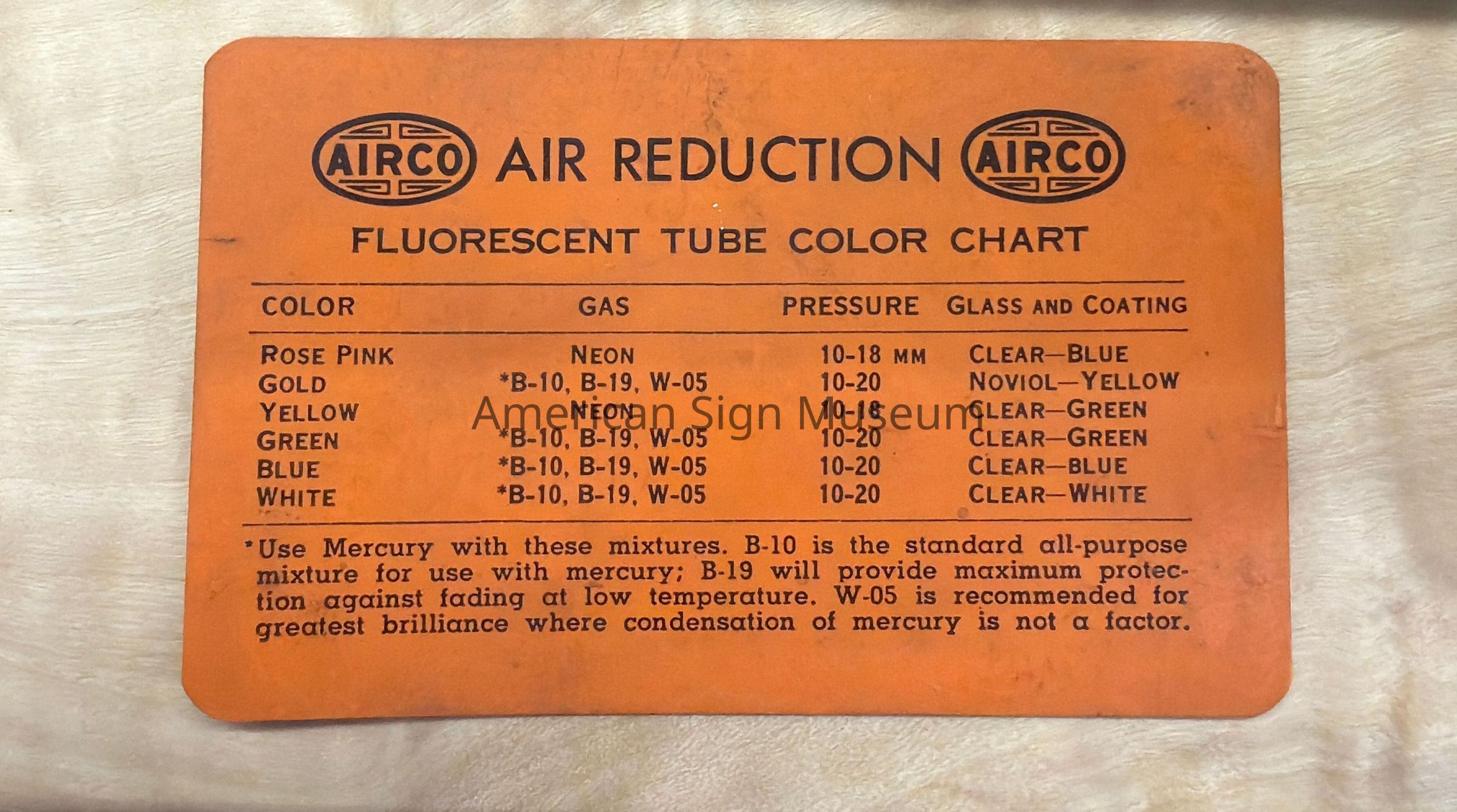 Pioneer Neon Supply Co. Airco Air Reduction Fluorescent Tube Color Chart picture number 1