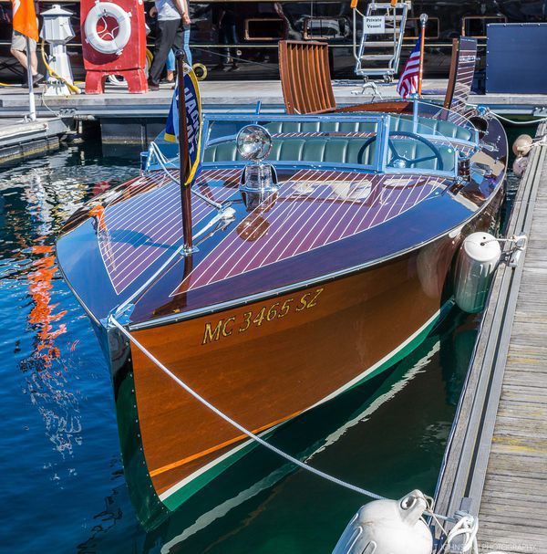 Hacker Craft famous 30/30/30 1930 30' Custom Runabout with Hispano Suzia marinized aircraft engine and external rudder.