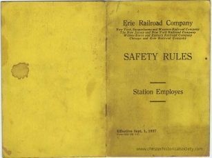 Erie Railroad Company Safety Rules, Erie Railroad Company Safety Rules: The image shows the cover of a yellow booklet titled "SAFETY RULES Station Employes" from the Erie Railroad Company, along with associated rail companies like New York, Susquehanna and Western Railroad Company, and others. The booklet cover is worn, featuring a noticeable stain on the left side. It mentions that the rules are effective from September 1, 1937. The text is organized in a structured format, specifying that this booklet was meant for station employees and freight house men.