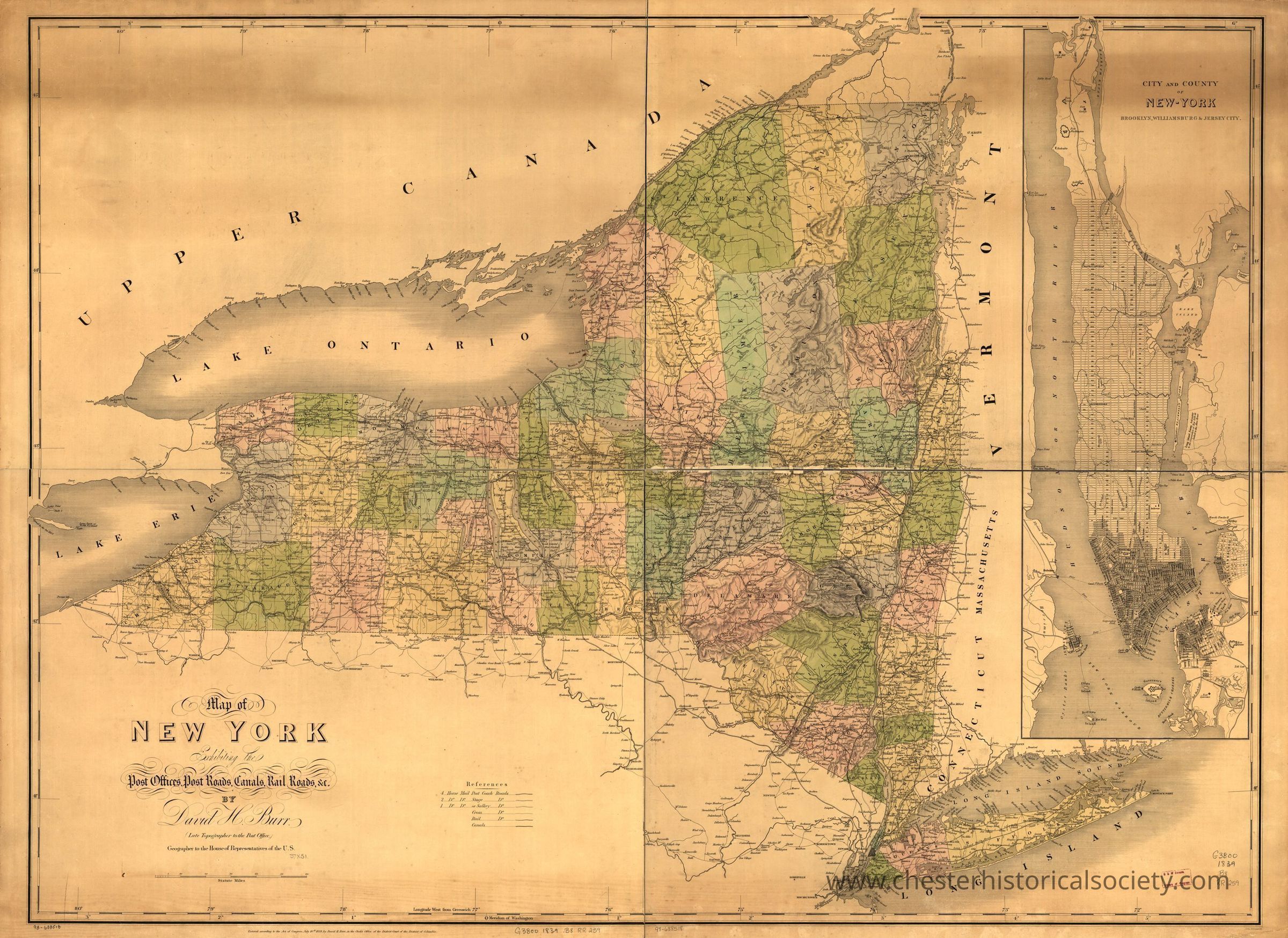 Map of New York exhibiting the post offices, post roads, canals, rail roads &c.: This vintage map of New York depicts detailed geographical features, including post offices, post roads, and canals, with an inset focusing on New York City and the surrounding areas, such as Brooklyn, Williamsburg, Jersey City, and Long Island. The map is intricately colored to distinguish counties and regional boundaries and showcases natural landmarks like Lake Erie and Lake Ontario. Important neighboring areas, like Upper Canada and New England states such as Vermont and Connecticut, are also marked. The map was published by David H. Burr.