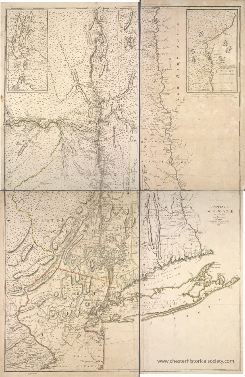 Province de New-York : en 4 feuilles: The image shows an intricately detailed vintage map of the Province of New York from the 18th century, highlighting geographical features, boundaries, and settlements of the time, with insets that provide additional detailed views of specific areas. The map includes various rivers, mountain ranges, and the Atlantic coastline, showcasing the historical cartographic representation used during that era. Names of counties and regions are inscribed in stylized fonts, and the map's artistry reflects the period's style.