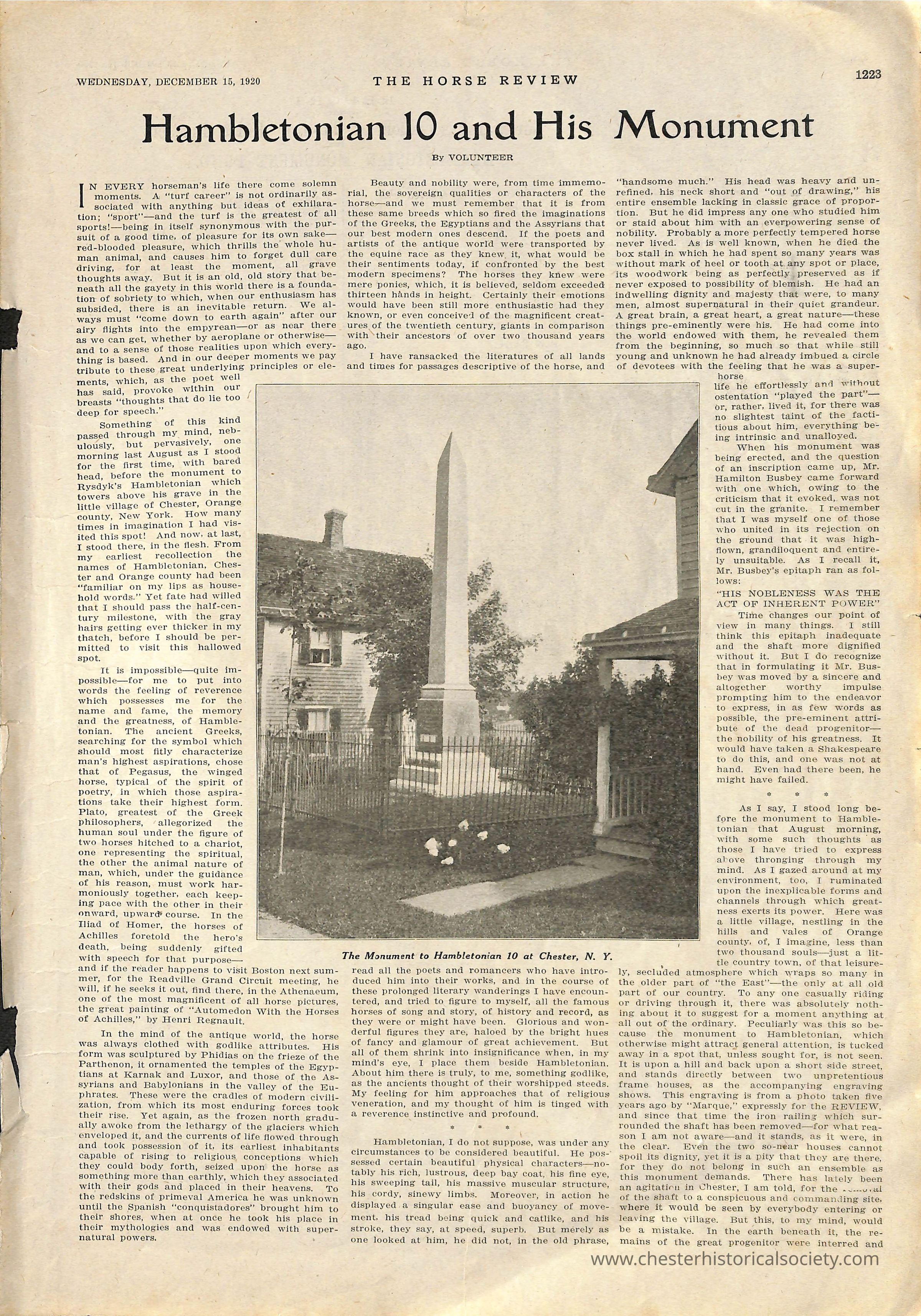 Hambletonian 10 and His Monument by Volunteer: The image is a historical magazine page from "The Horse Review" dated December 15, 1920, featuring an article titled "Hambletonian 10 and His Monument" by "Volunteer," discussing the revered qualities of celebrated horses, including Hambletonian 10, with descriptions of noble characteristics inspired by Greek, Egyptian, and American traditions. The page includes a black-and-white photograph of a monument dedicated to Hambletonian 10, situated in Chester, New York.