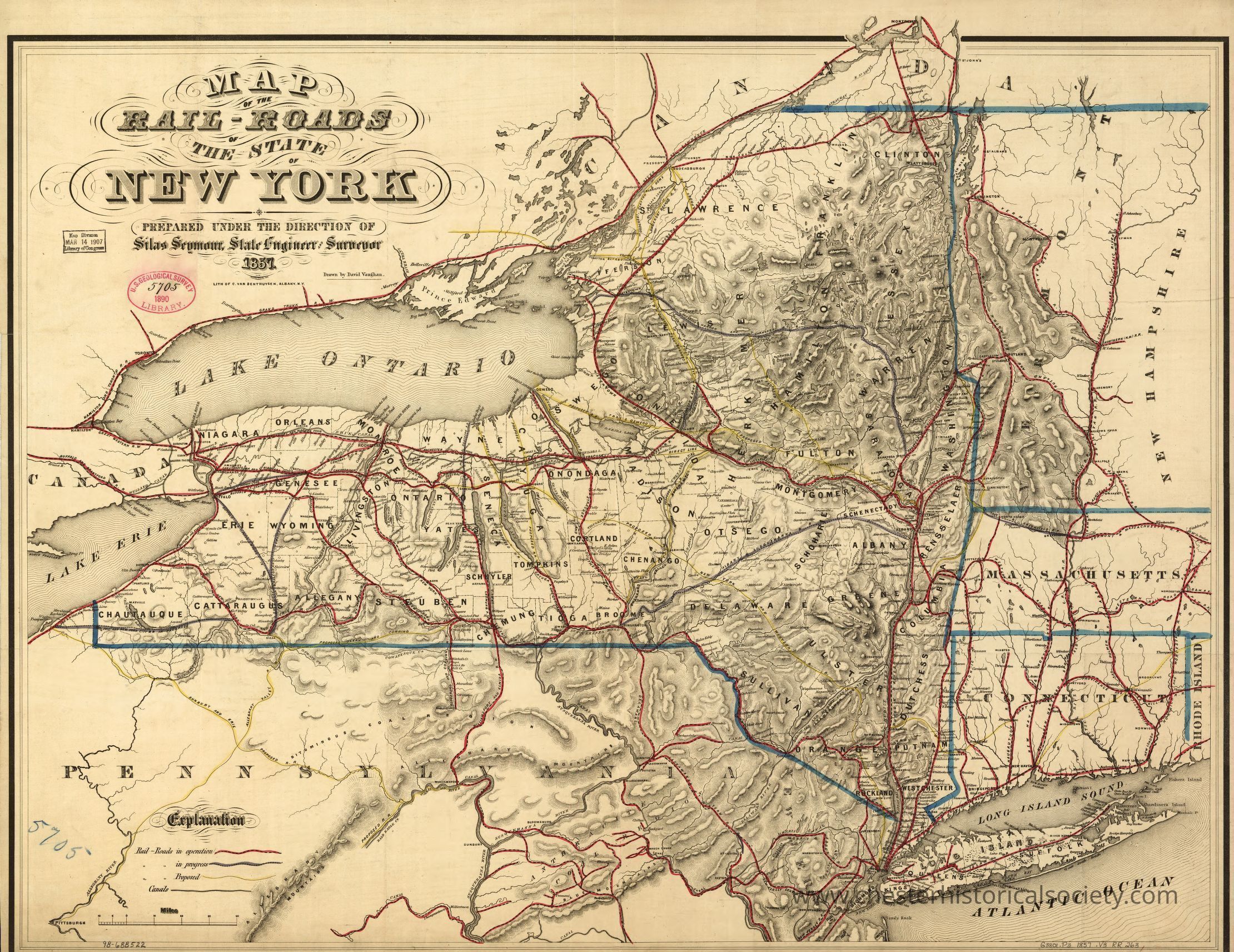 Map of the rail-roads of the state of New York prepared under the direction of Silas Seymour, state engineer surveyor.: This historical map from 1857 intricately details the railroad network across the state of New York, highlighting major cities, towns, and geographical features such as Lake Ontario, Lake Erie, and the surrounding states, meticulously showcasing the connectivity and transportation routes of that era, with rail lines prominently marked in red, while boundaries and other geographic markers are outlined, providing a comprehensive understanding of early infrastructure development, with particular emphasis on New York's integration into the broader regional and national rail system.