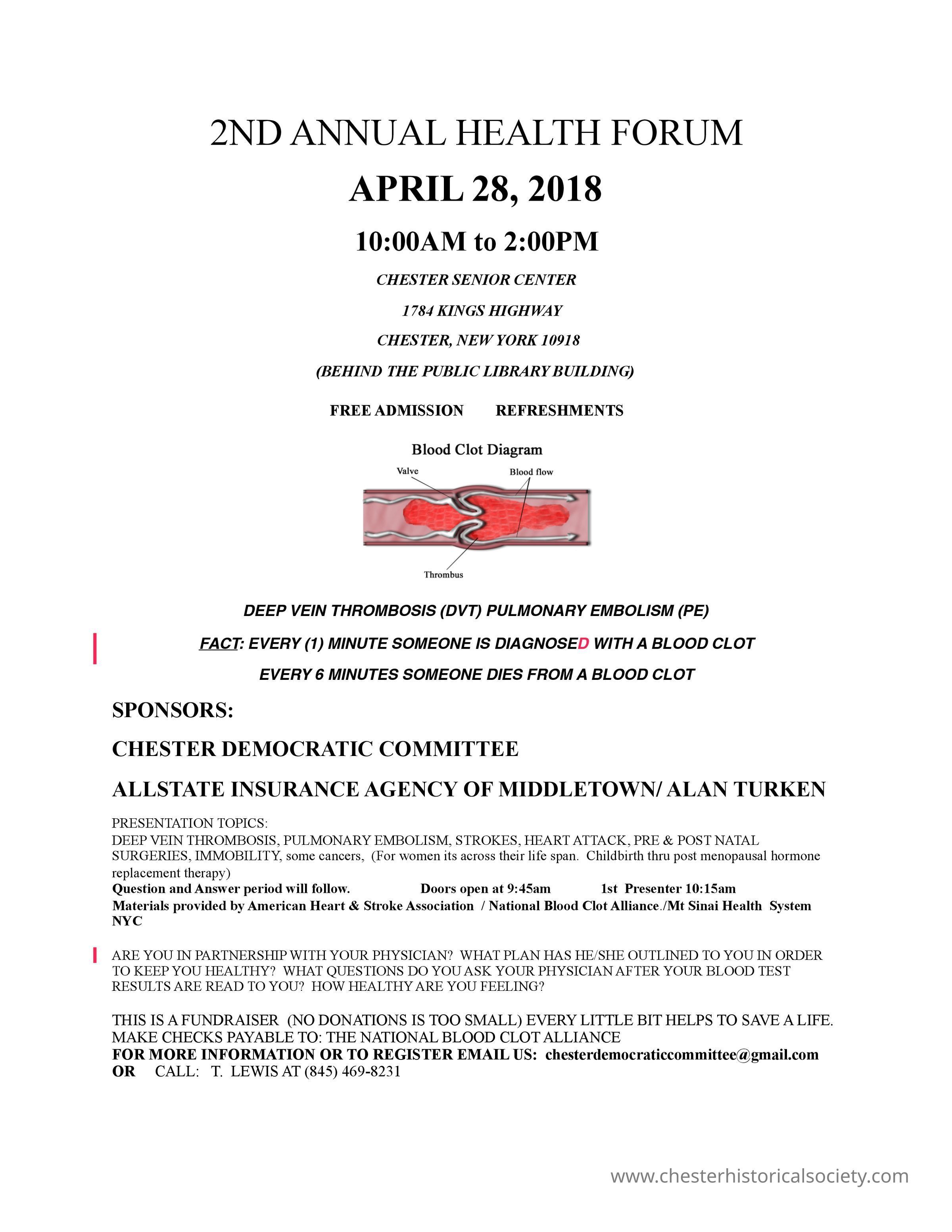 2nd Annual Health Forum Flyer: The image is an announcement for the 2nd Annual Health Forum held on April 28, 2018, from 10:00 AM to 2:00 PM at Chester Senior Center in Chester, New York. The event offers free admission and refreshments and features a discussion on topics like deep vein thrombosis, pulmonary embolism, strokes, heart attacks, surgeries, and immobility. Sponsored by the Chester Democratic Committee and Allstate Insurance Agency of Middletown/Alan Turken.